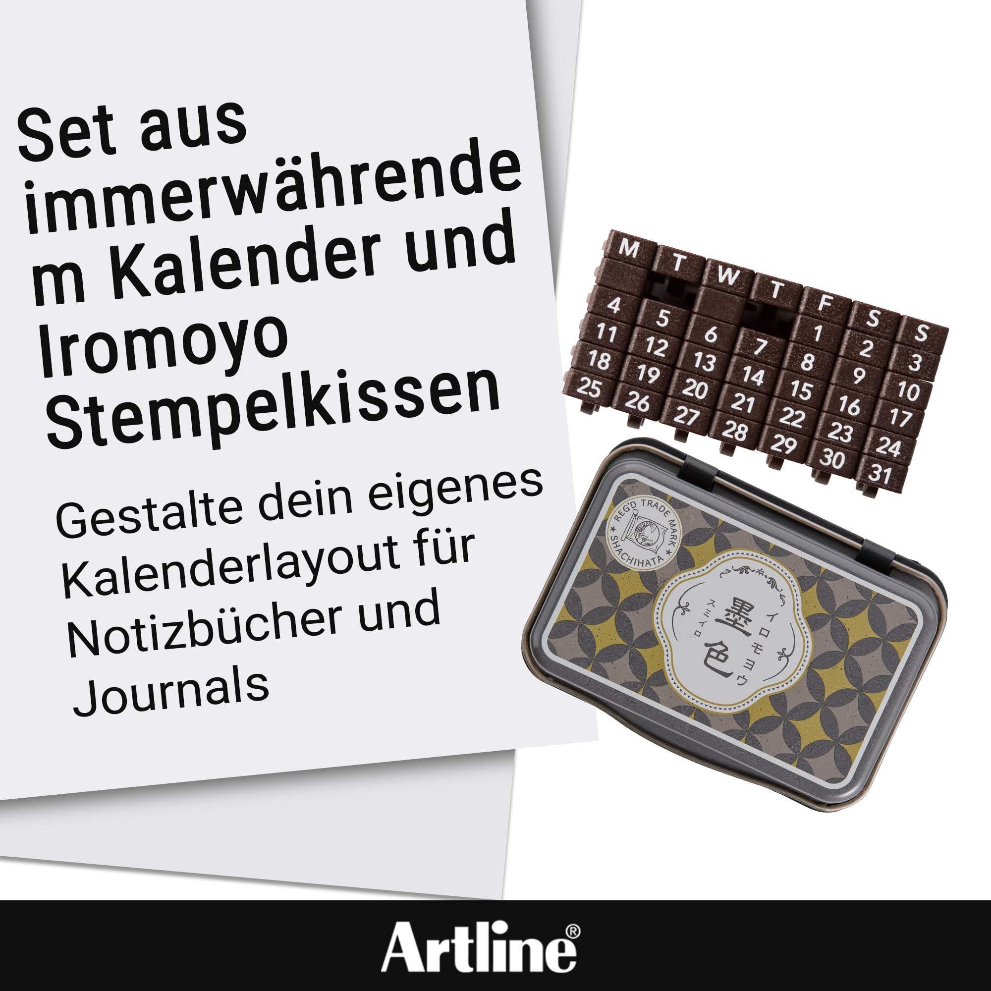 Artline Kalender Stempel & Iromoyo Stempelkissen Set (Schwarz) – Ewiger Kalender mit 7 Tagen, 31 Daten & 2 Blanko-Elementen, schnell trocknende wasserfeste ölbasierte Tinte – Artline Künstlerbedarf