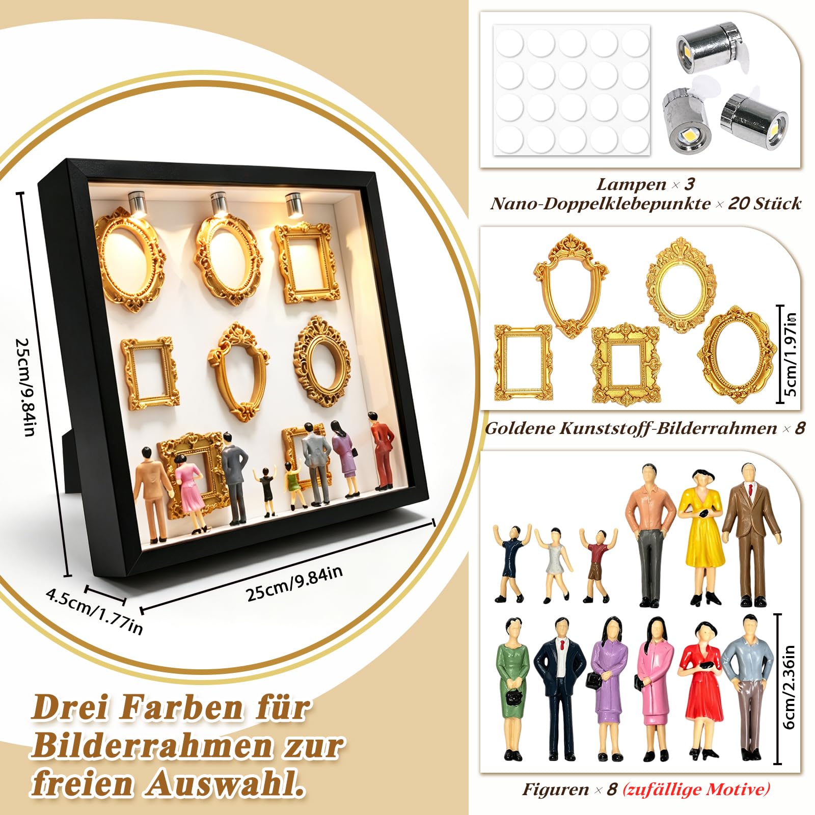 DIY Mini Museum Silhouetten Box mit LED, Mini Bilderrahmen Vintage, Shadow Box Bilderrahmen Set, Foto Erinnerungsanzeige Set mit 8 Mini-Goldrahmen 8 Figuren für Jahrestag, Hochzeit(Schwarz)