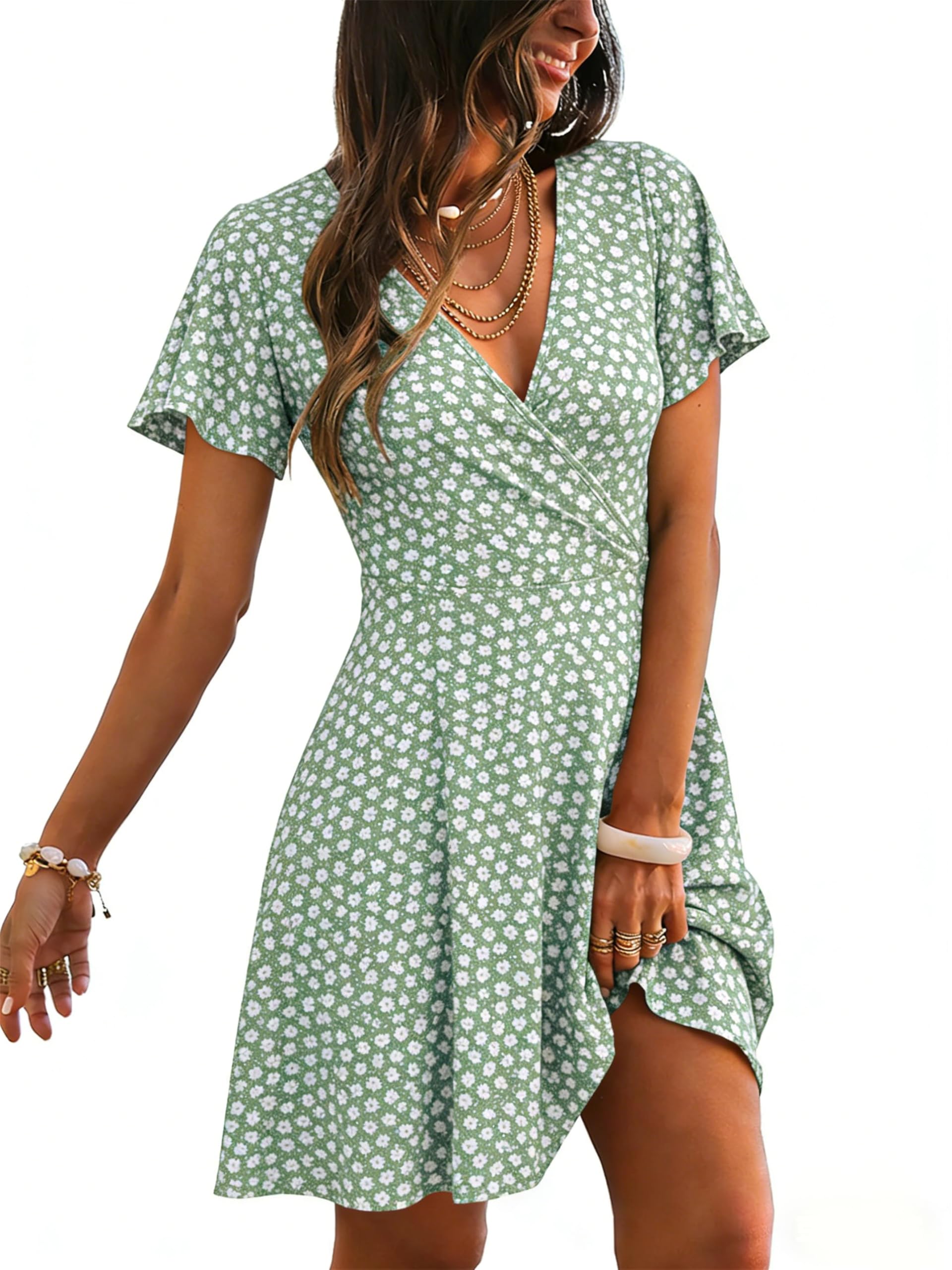 Oyamiki Abiti estivi da donna con scollo a V prendisole casual floreale da spiaggia avvolgente abito a maniche corte con tasche | Sopra il ginocchio, manica corta con volant, Midi, linea A, stile casual alla moda