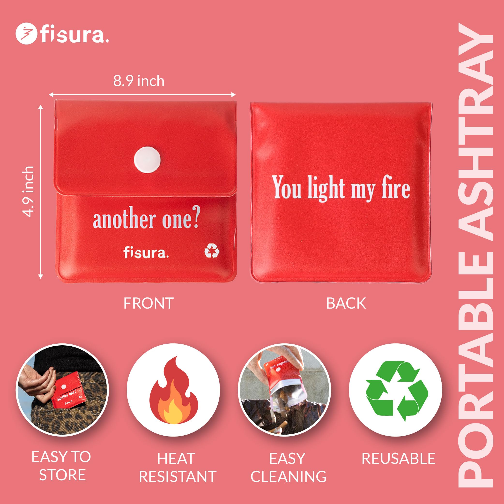 Fisura – Kieszonkowa popielniczka "you light my fire”. Funkcjonalny pojemnik na popiół do podróży i pleneru. Nadaje się do ponownego użycia. Wymiary 8 x 8 cm.