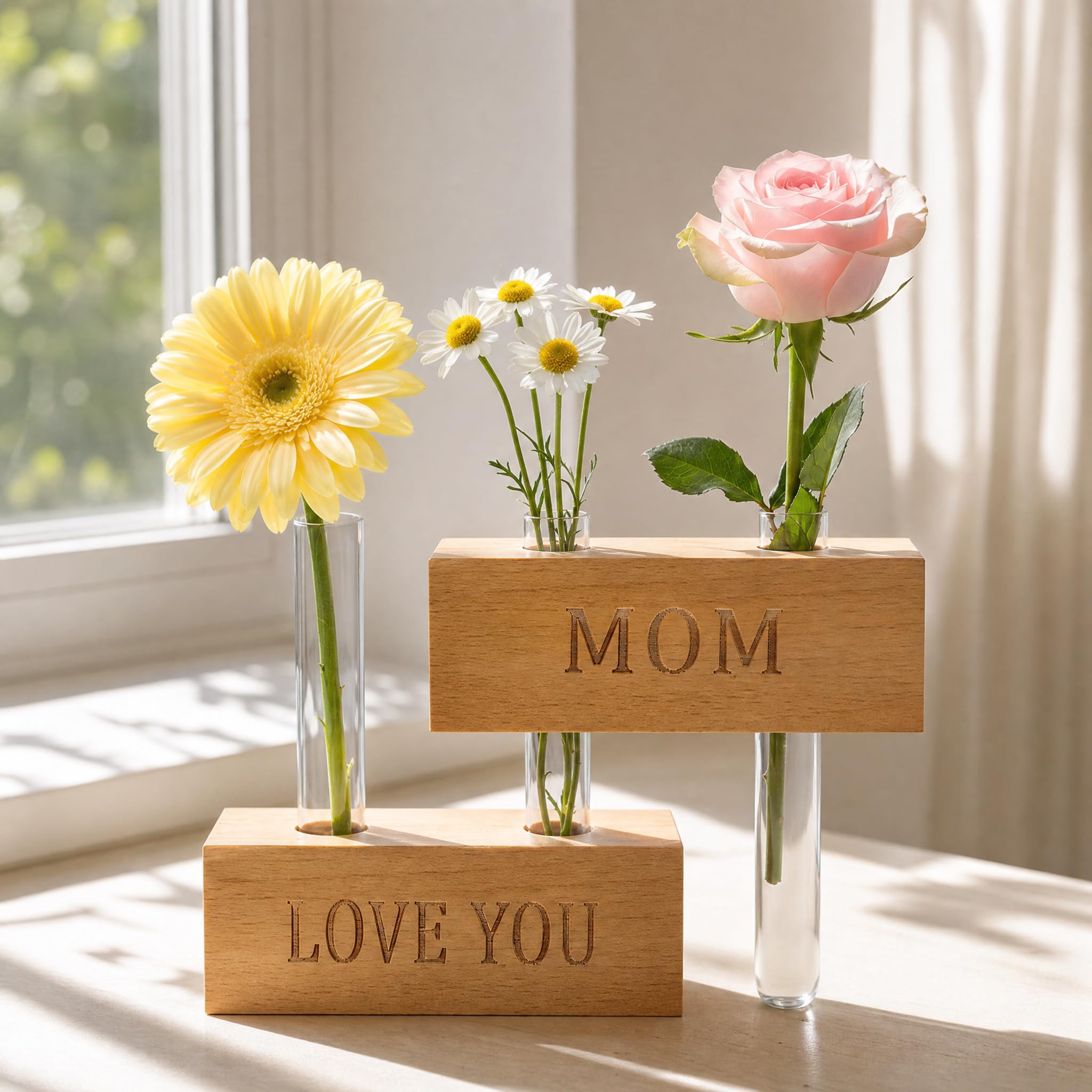 Mini magnetyczne drewniane wazony z grawerunkiem MOM & Love You – drewniane klocki z probówkami, dekoracja stołu i lodówki, prezenty dla mamy od córki, wyjątkowe prezenty urodzinowe dla mamy od syna