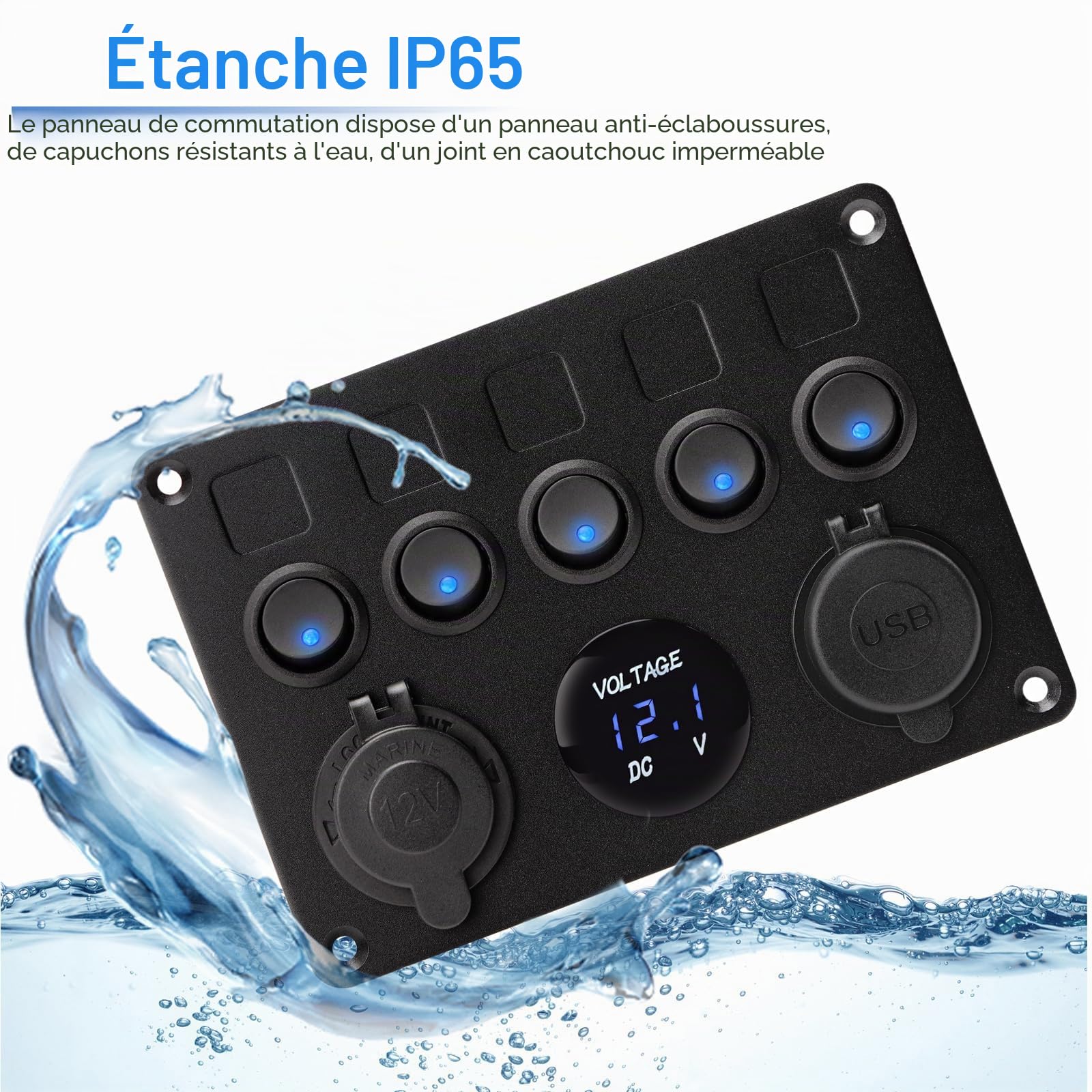 Geloo 5 Gang Panneau de Interrupteur à Bascule 12V/24V Étanche IP65 Panneau de Commutateur avec Chargeur Double USB Voltmètre Numérique pour Voiture Bateau Camion RV Marine Camping-car