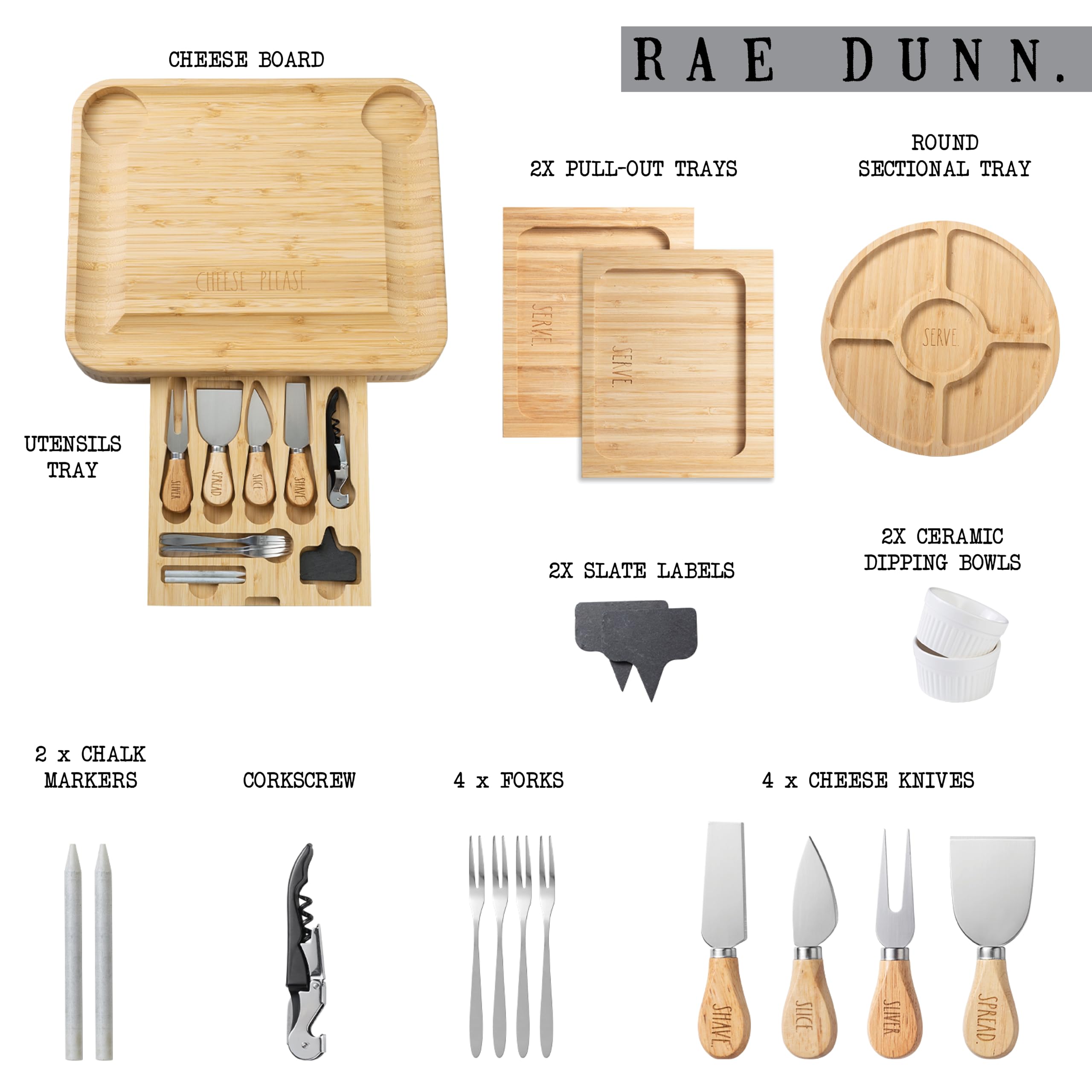 Rae Dunn Tabla de embutidos y accesorios, juego de tablas de charcutería grandes, juego de tablas de queso de bambú con tenedores y platos para servir, cuchillos de queso incluidos