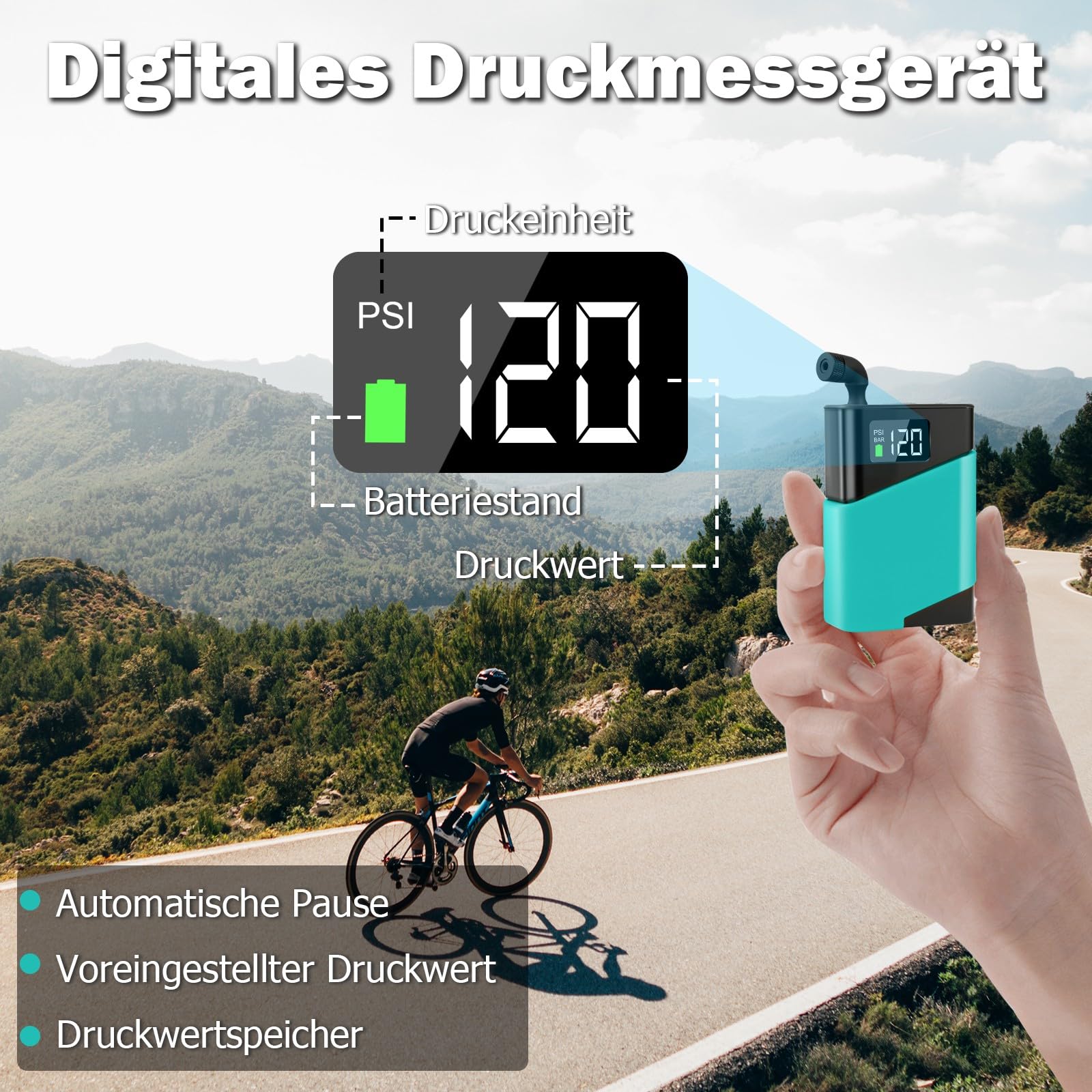 Mini Fahrradpumpe Elektrisch, tragbare Fahrradluftpumpe mit Presta- und Schrader-Ventil, geeignet für Rennrad, Motorrad, Mountainbike, Auto, Sportball
