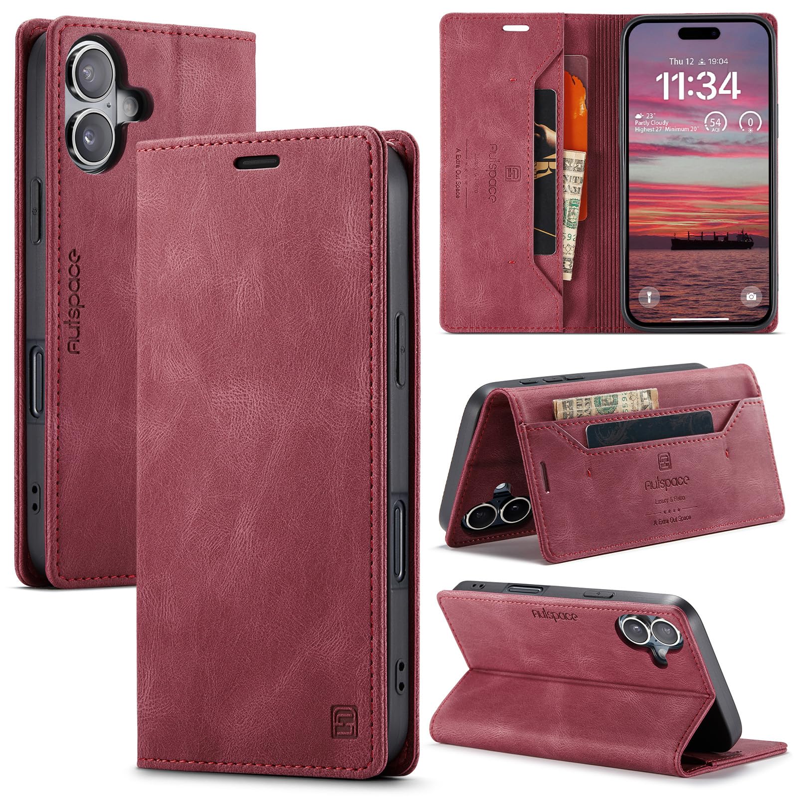 Sojlecyu for iPhone 16 Case, [RFID Blocking] PU Leather Wallet Cover Magnetic Flip Cover Card Holder Kickstand Shockproof Protective Phone Case for iPhone 16，Red