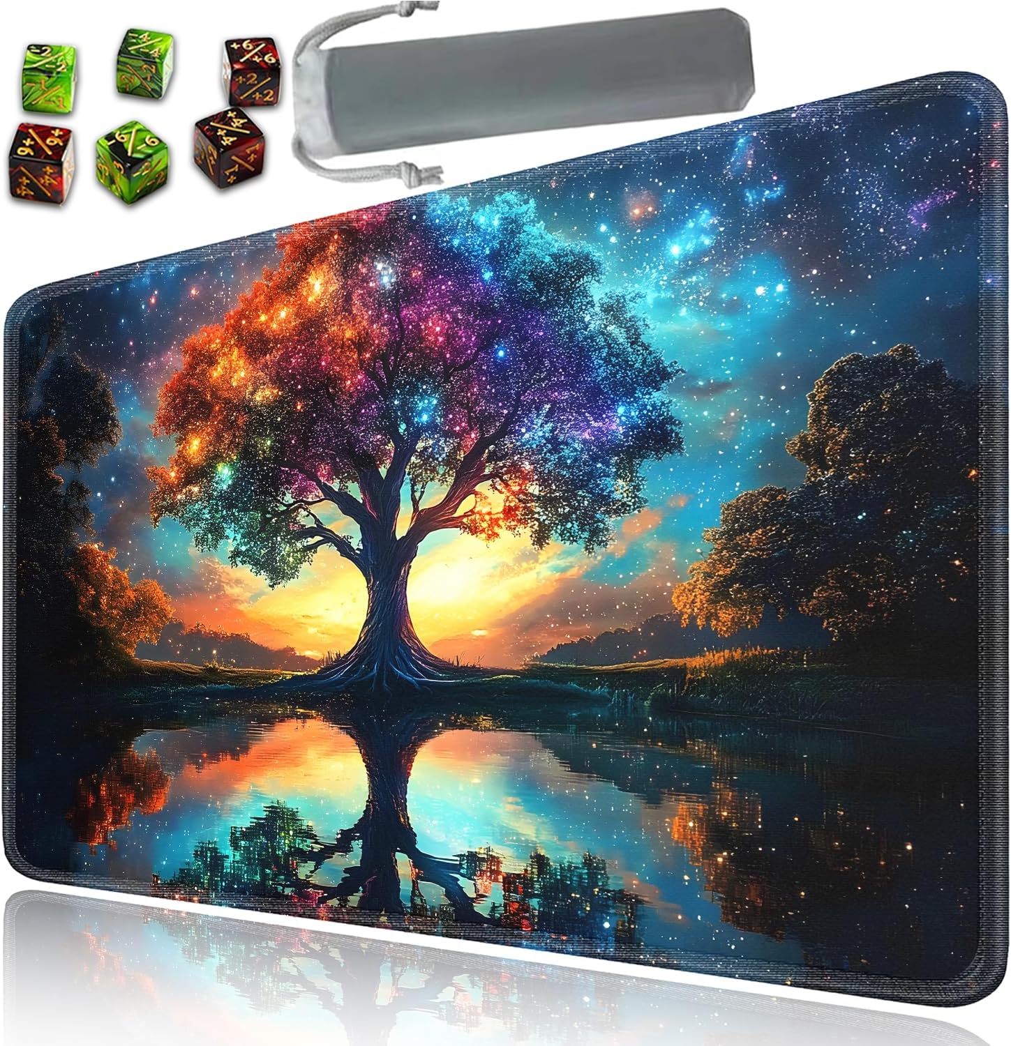 for MTG Playmat, Card Game Mat with Non-Slip Rubber Base and Stitched Edges, 24 x 14 in for DND and for TCG Play Mat with Storage Bag and 6 Dice, Rainbow Tree of Life Pattern Board Game Pad