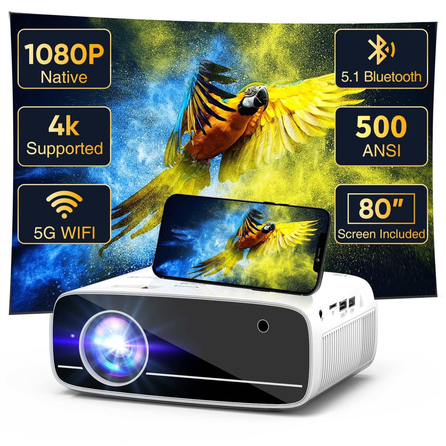Real 1080P Projector with WiFi 6 and Bluetooth
