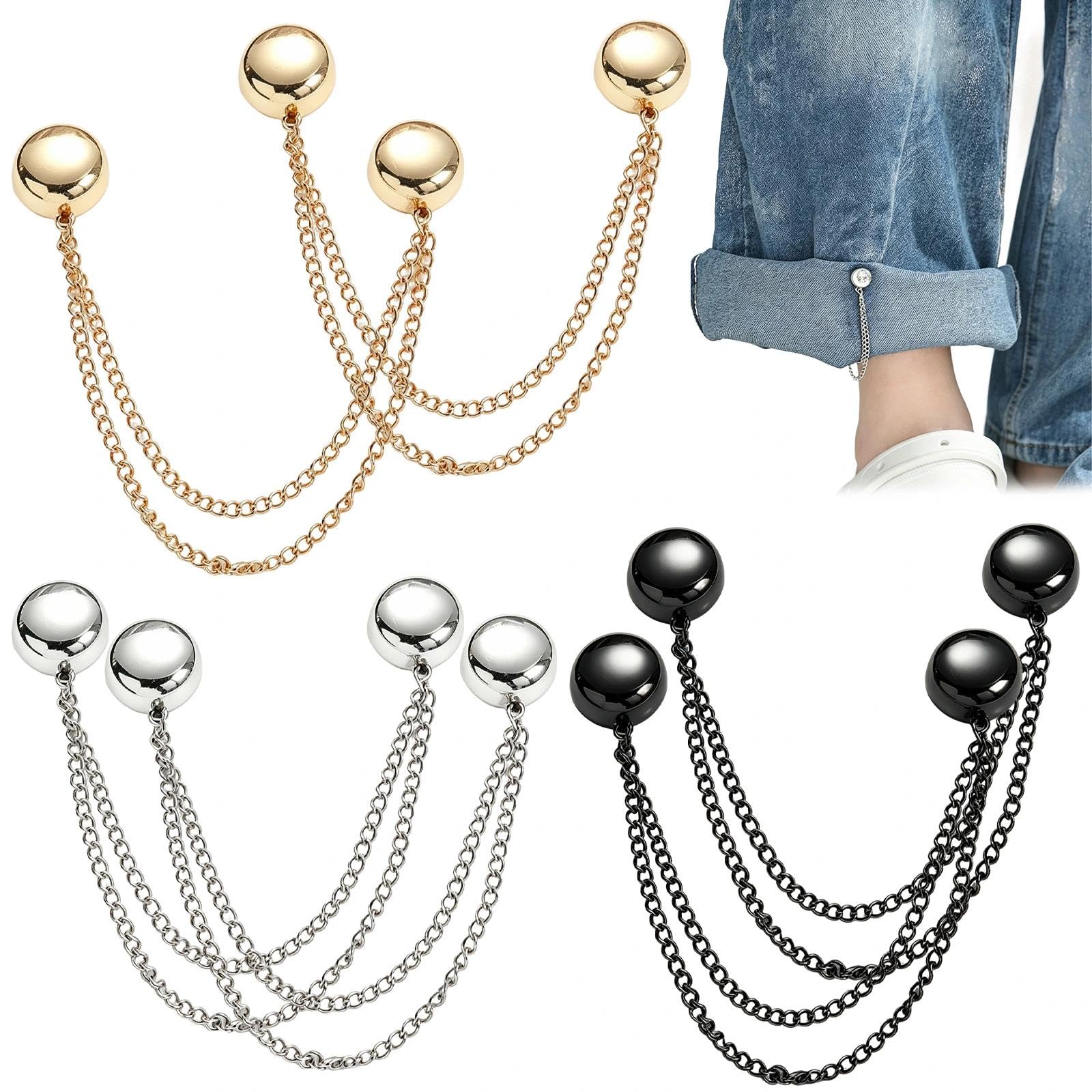 6pcs Round Magnetic Clothing Snap Clips with Chain, Pinless No Snag Adjustable Hem Cinch Clips for Hijab Scarf Cardigan Trousers Sleeves(Gold,Silver,Black)