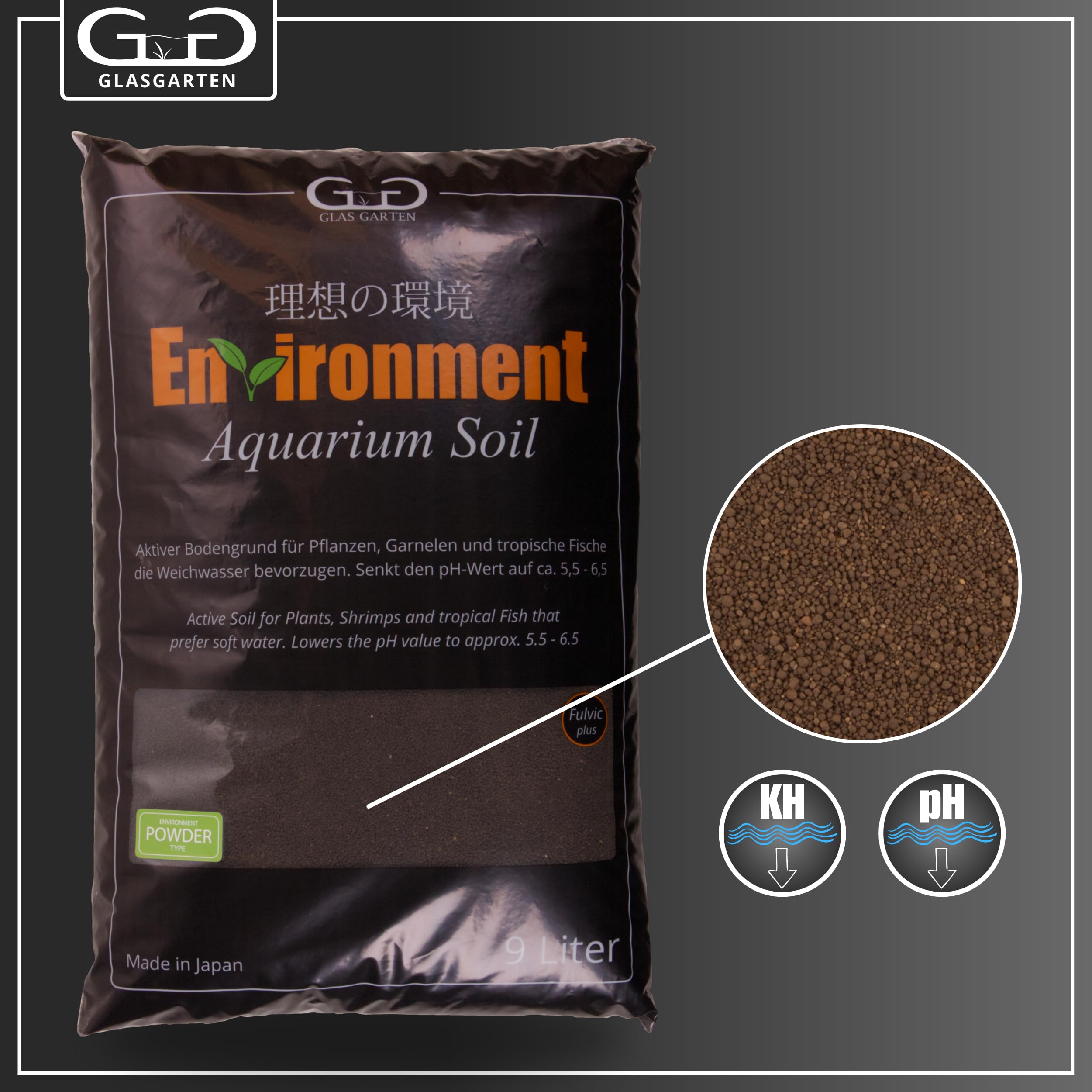 GlasGarten Environment Aquarium Soil Powder | 9L / 1 – 2mm Körnung – aktiver Bodengrund aus gebrannten & sterilisierten Erden, besonders nährstoffreich