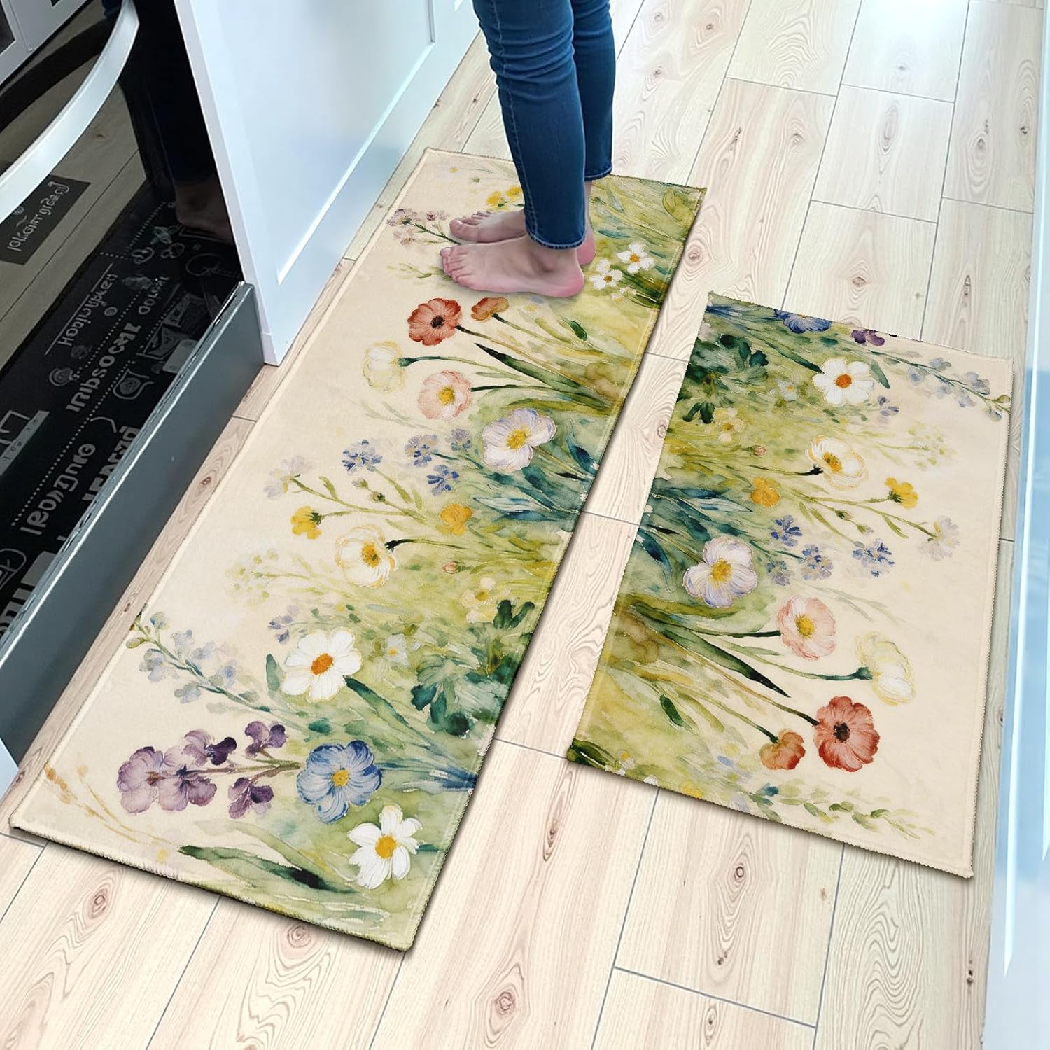 Spring Watercolor Floral Kitchen Mats for Floor Set of 2,Vintage Colorful Wildflower Seasonal Theme Kitchen Rugs Non Slip Washable Absorbent Kitchen Runner Rugs Decor,17x30 and 17x47 Inch