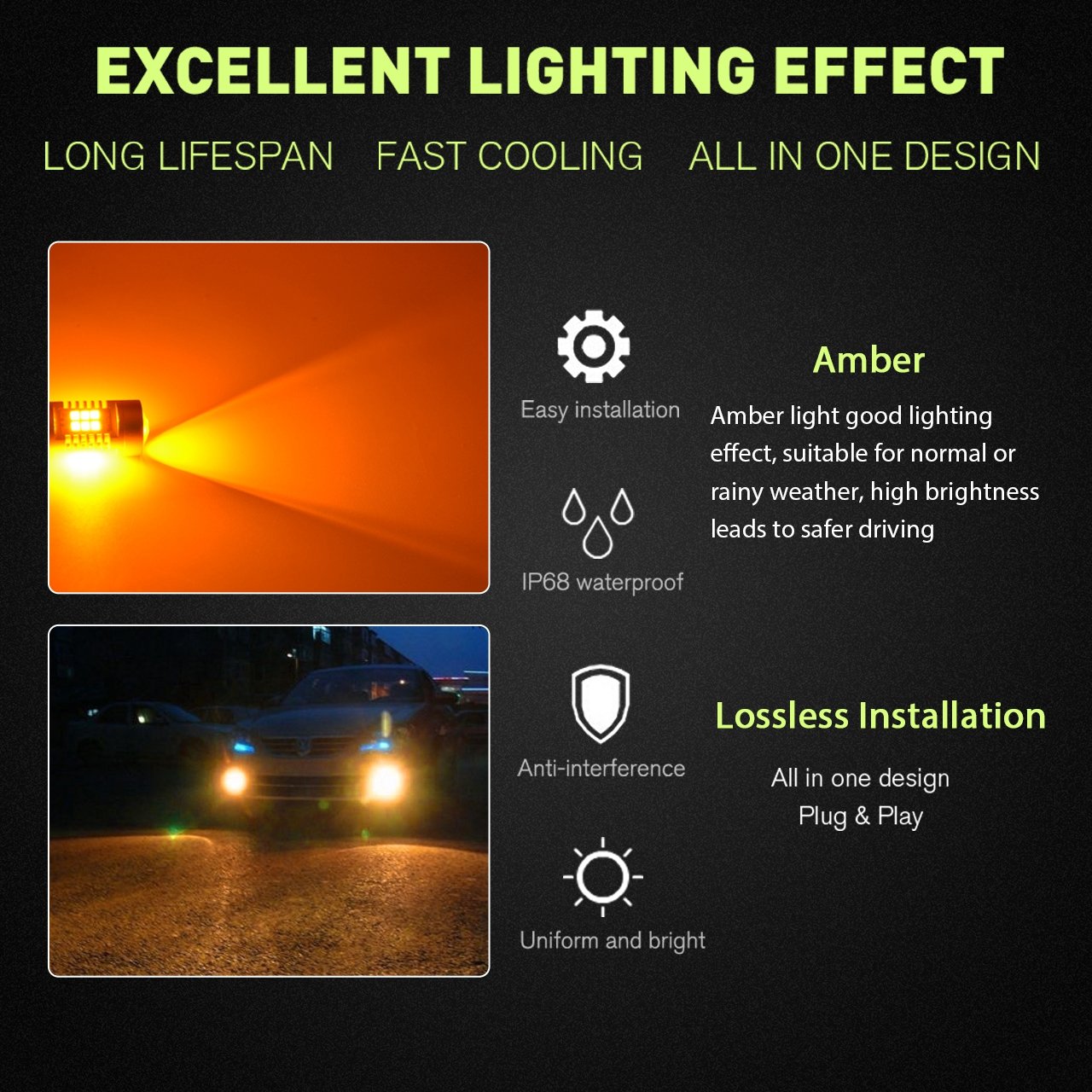 TUINCYN Żarówki przeciwmgielne H7 LED w kolorze bursztynowym, bez błędów Canbus, lampa DRL, zamiennik, 2835 21SMD, 6500K, wyjątkowo jasne, do samochodowych świateł do jazdy dziennej, 10.5W, DC 12V (2