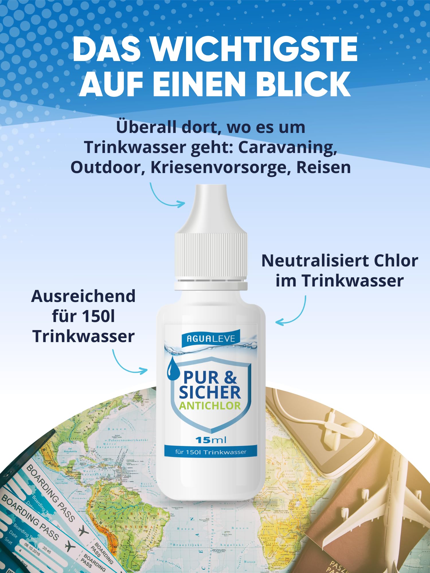 AGUALEVE® Antichlor 15ml für 150l Wasser *NEU* | Neutralisiert Chlor im Trinkwasser | Perfekt für Reisen und nach Wasserentkeimungstabletten | Markenqualität Made in Germany | mit Note 1,2 getestet