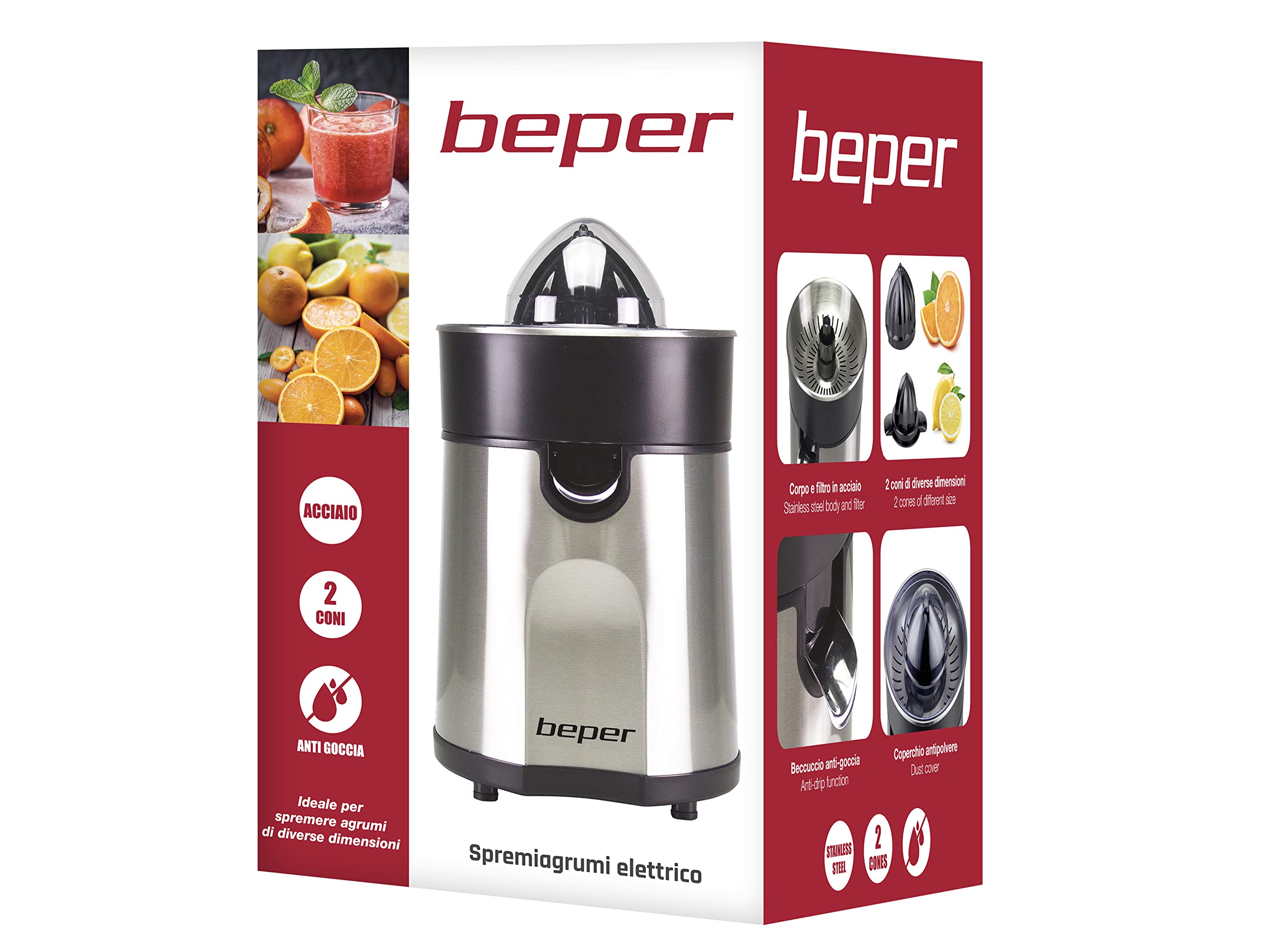 BEPER P102EST001 Exprimidor de Naranjas Electrico, Cuerpo de Acero - Extractor de Zumos Naranjas