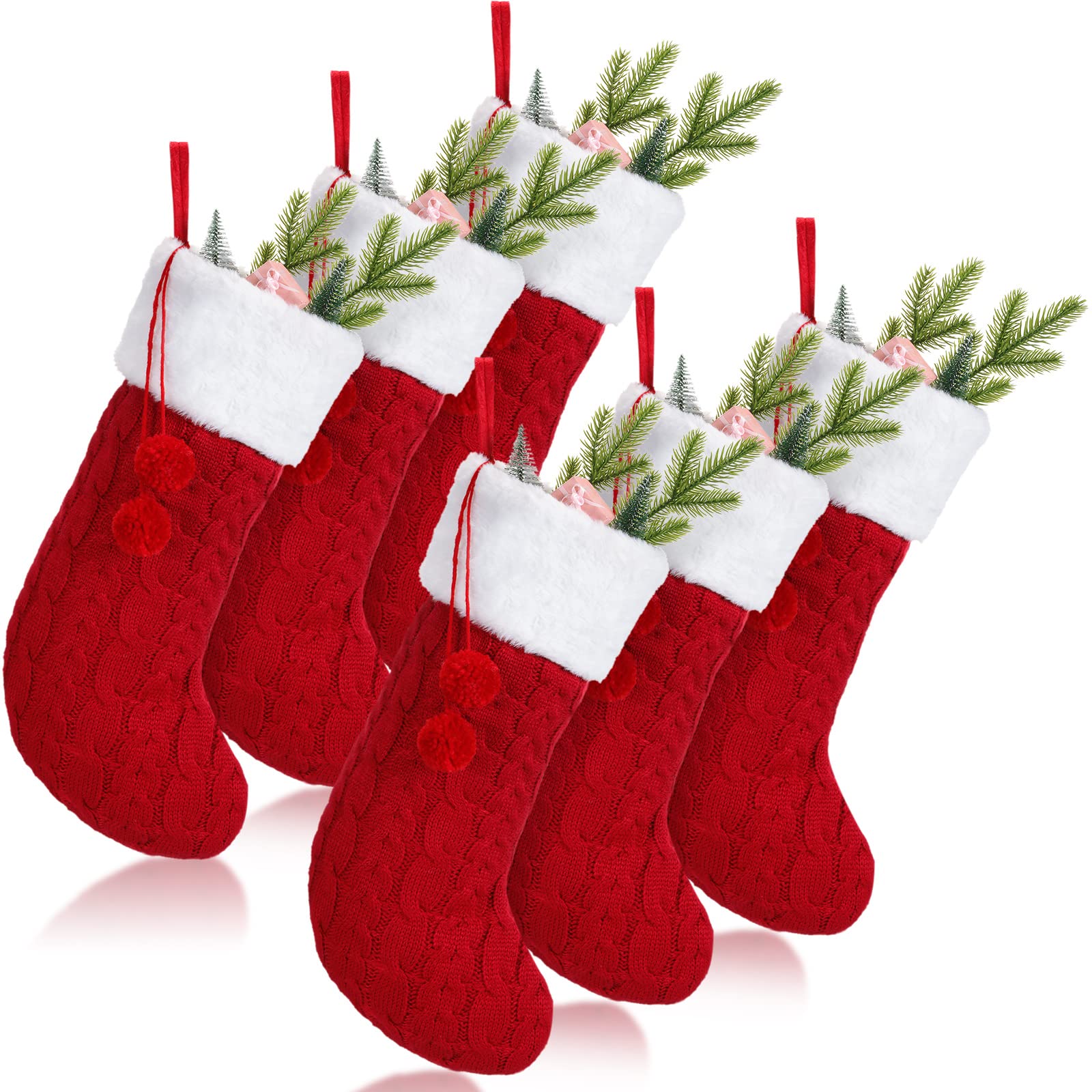 Photo 1 of 6 Pcs Knit Christmas Stockings 15 Inch Large Cable Knit Christmas Stockings Pom Pom Stockings with Faux Fur Cuff Rustic Xmas Stockings for Christmas Home Family Holiday Party Decoration, Red and White