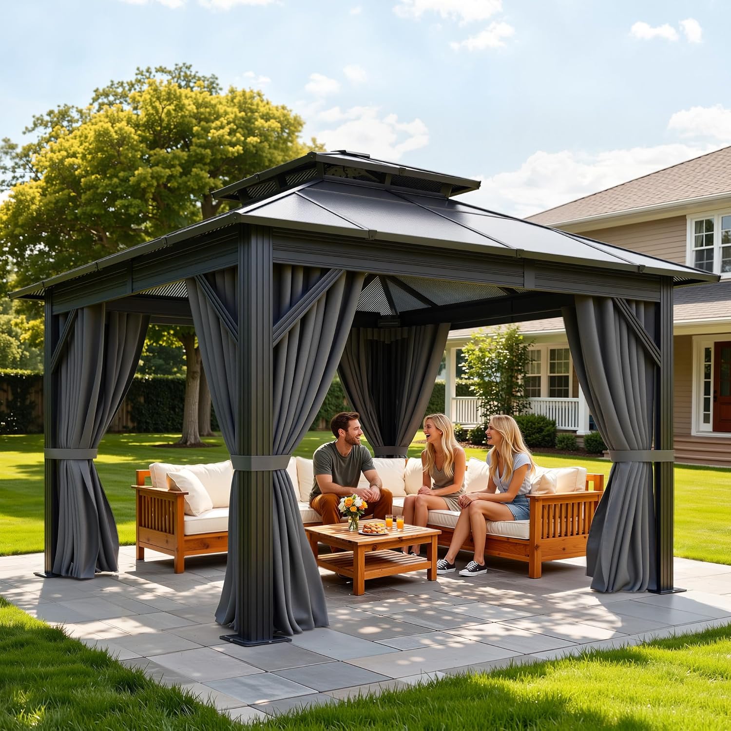 YITAHOME 10X10FT Polycarbonate Gazebo Outdoor Patio Double Top Canopy Galvanized Iron Aluminum Column Garden Tent Curtains Netting for Backyards Decks Lawns,Gray