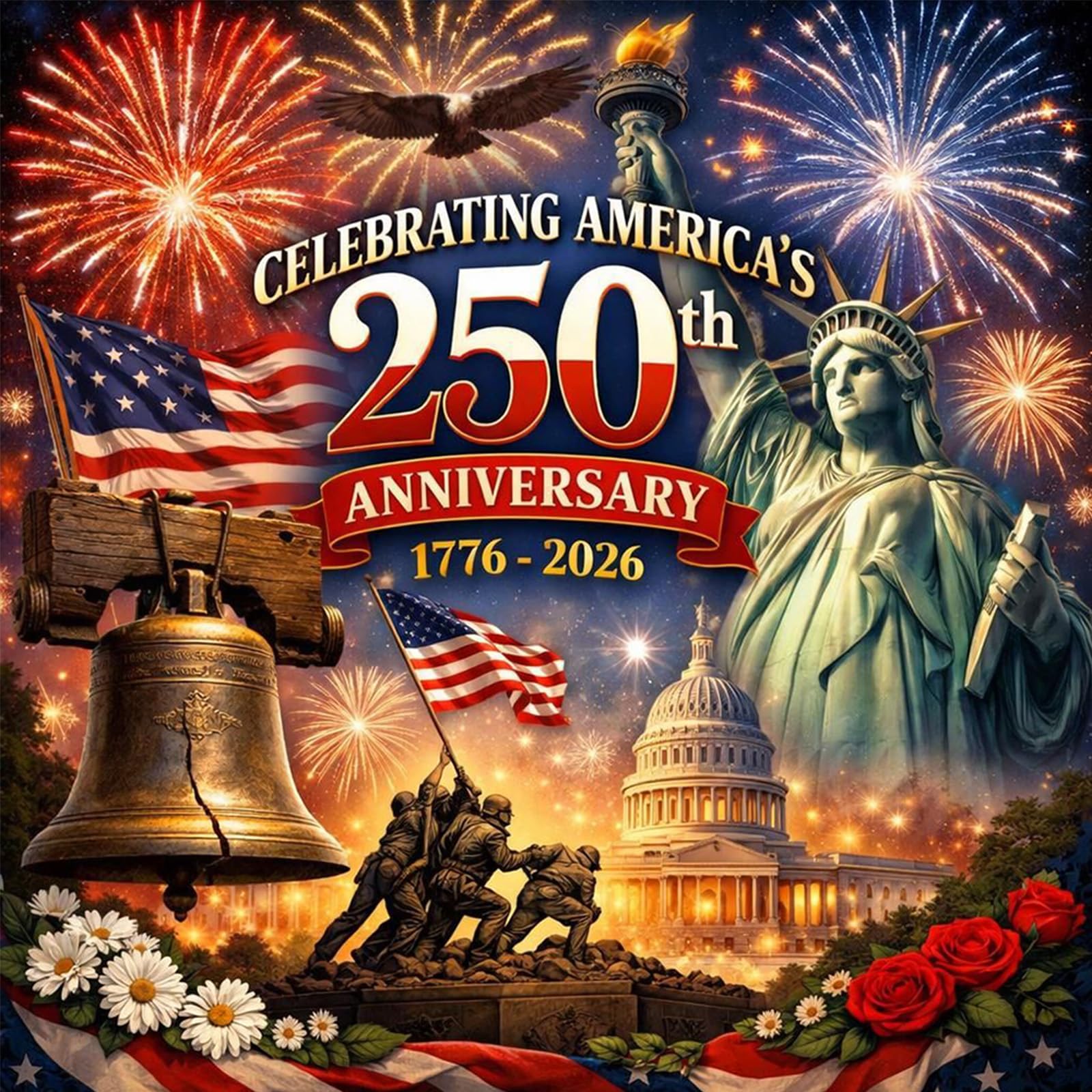 POETRYDRAW 250th Anniversary Full DIY 5D Round Drill Diamond Art Paintings Picture Arts Craft for Adults/Beginners Gift Idea Home Decor Art Diamond Art Painting 15.75x15.75in
