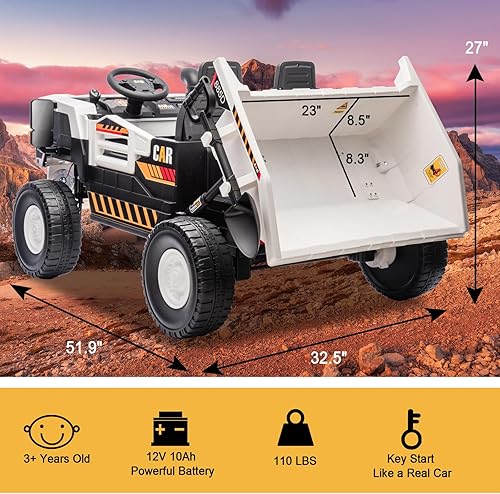 Miniatura 5 de Camión eléctrico de juguete para niños de 12 V 10 AH de 2 plazas XL con cama volquete eléctrica, con control remoto para padres, tractor, camión