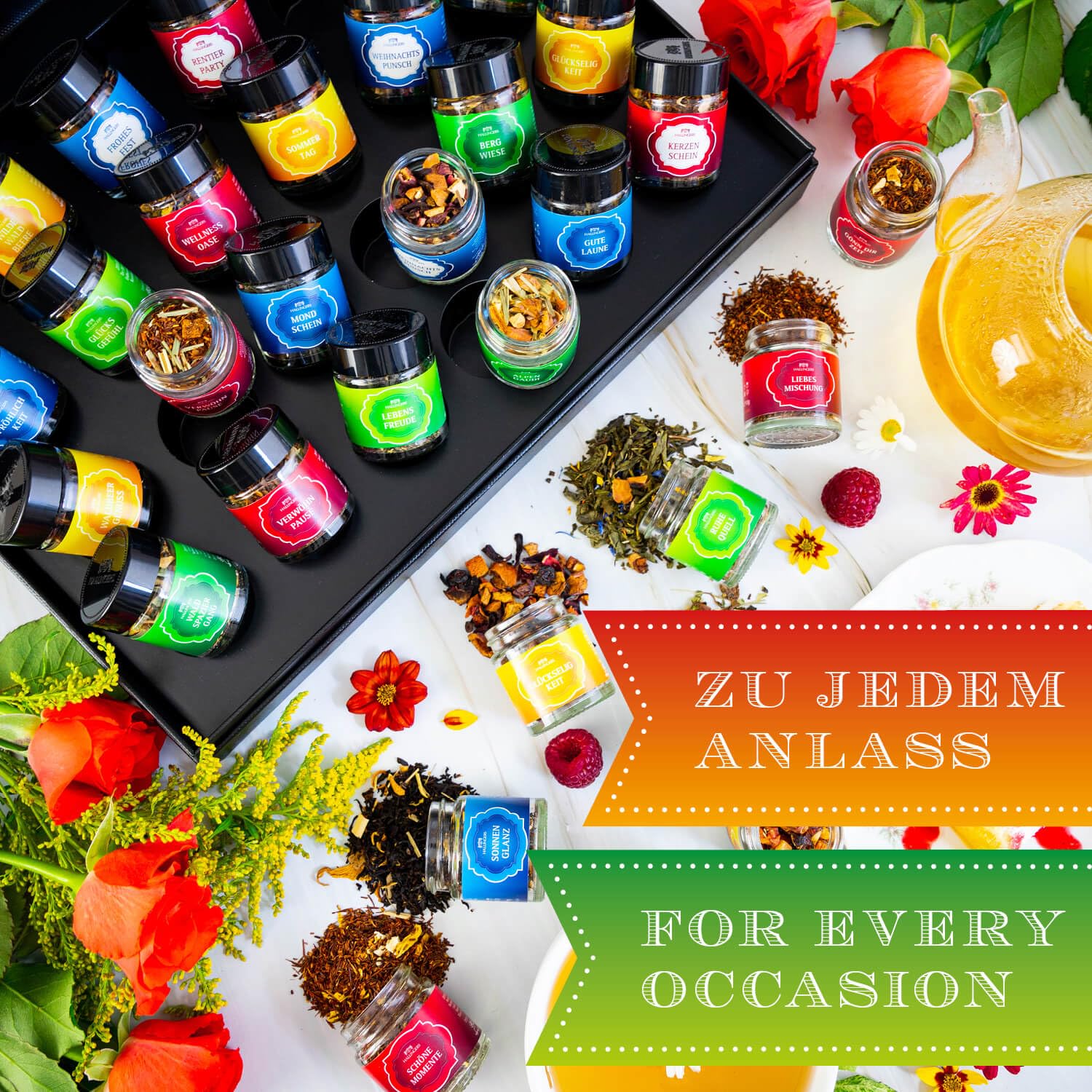 Hallingers Genuss Manufaktur Tee Geschenk-Set 24 Sorten Premium Loser Tee Probierset Geschenkbox