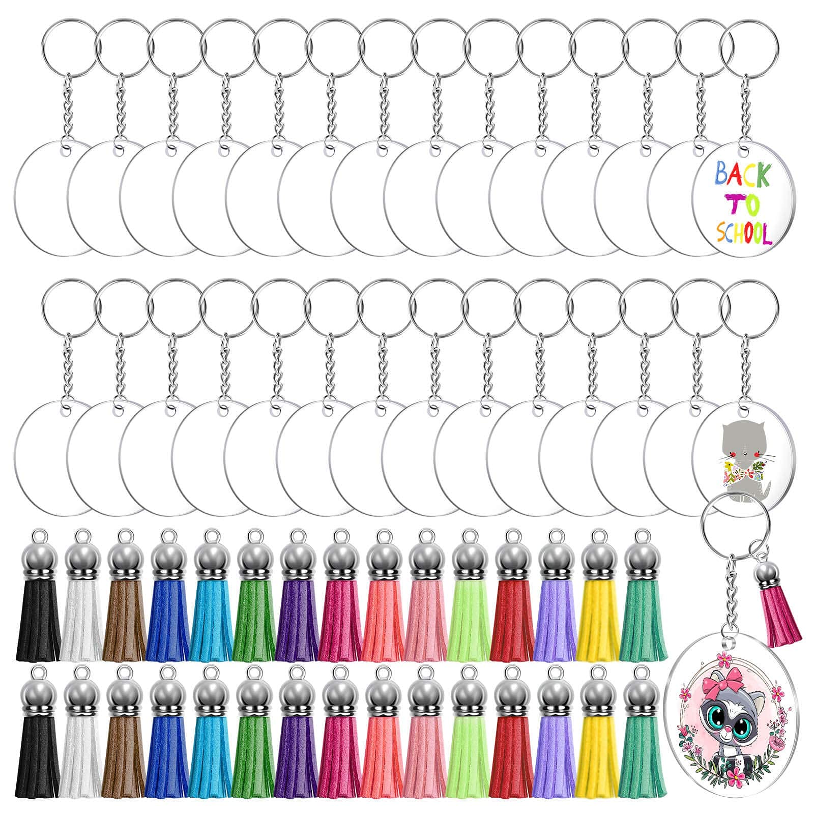 Sponsored Ad – DELFINO Tassel Keychain and Acrylic Circle Blanks Set - Transparent Disc Pendant Keyring for DIY Projects and Crafts (90pcs)