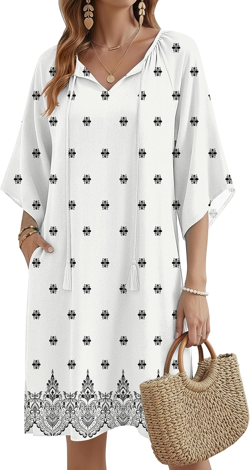Zeagoo Womens Casual Summer Dress Boho Beach Dresses Tassel Tie Neck 2026 Floral Cover Up Spring 3/4 Sleeve Mini Sundress