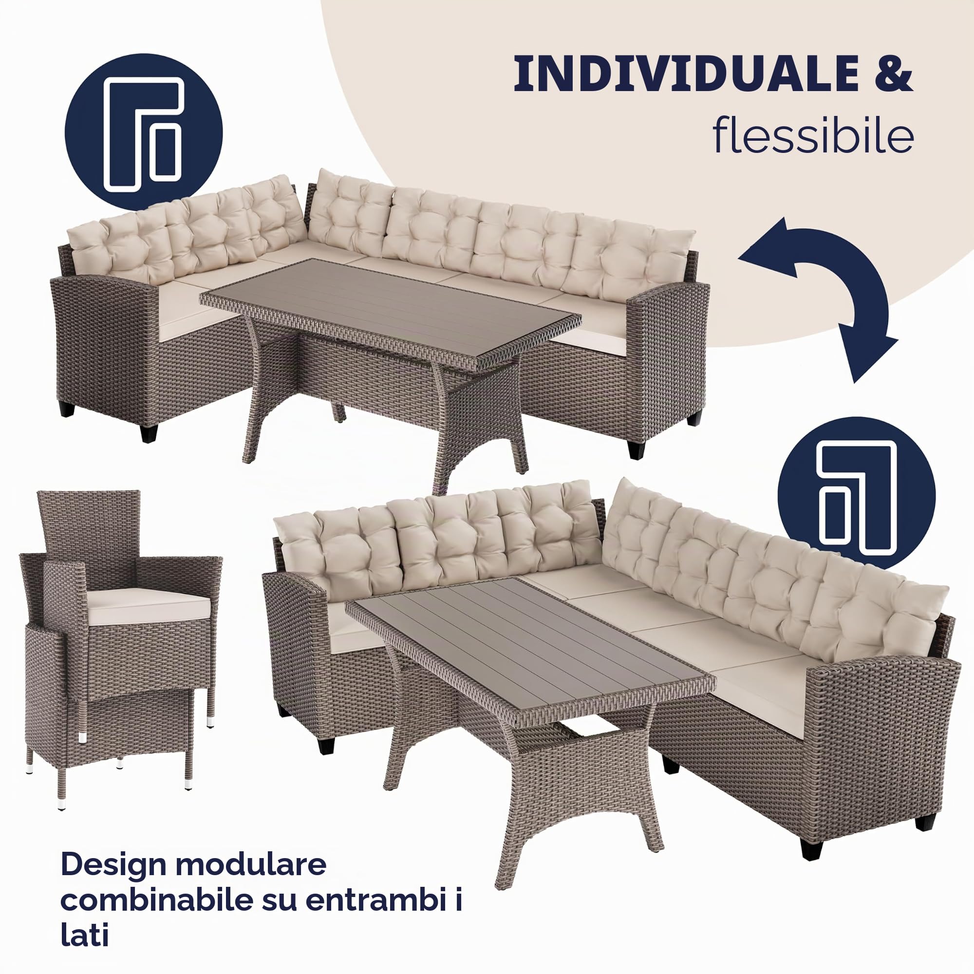 Casaria Set di Mobili Outdoor Salottino Esterno Polyrattan Lounge Tavolo da Pranzo Panca ad angolo 2 Sedie da Giardino