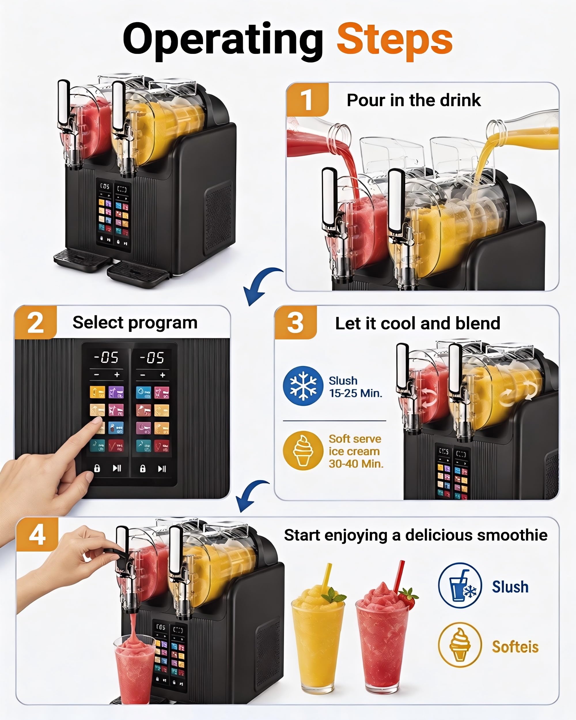 Macchina a Doppia Vasca per Granita e Gelato Soft – 2x2L, Comandi Touch, 7 Modalità Preselezionate, Lavaggio con un Tasto, Refrigerazione Rapida, Serbatoio in PC, Miscelazione Potente 360°