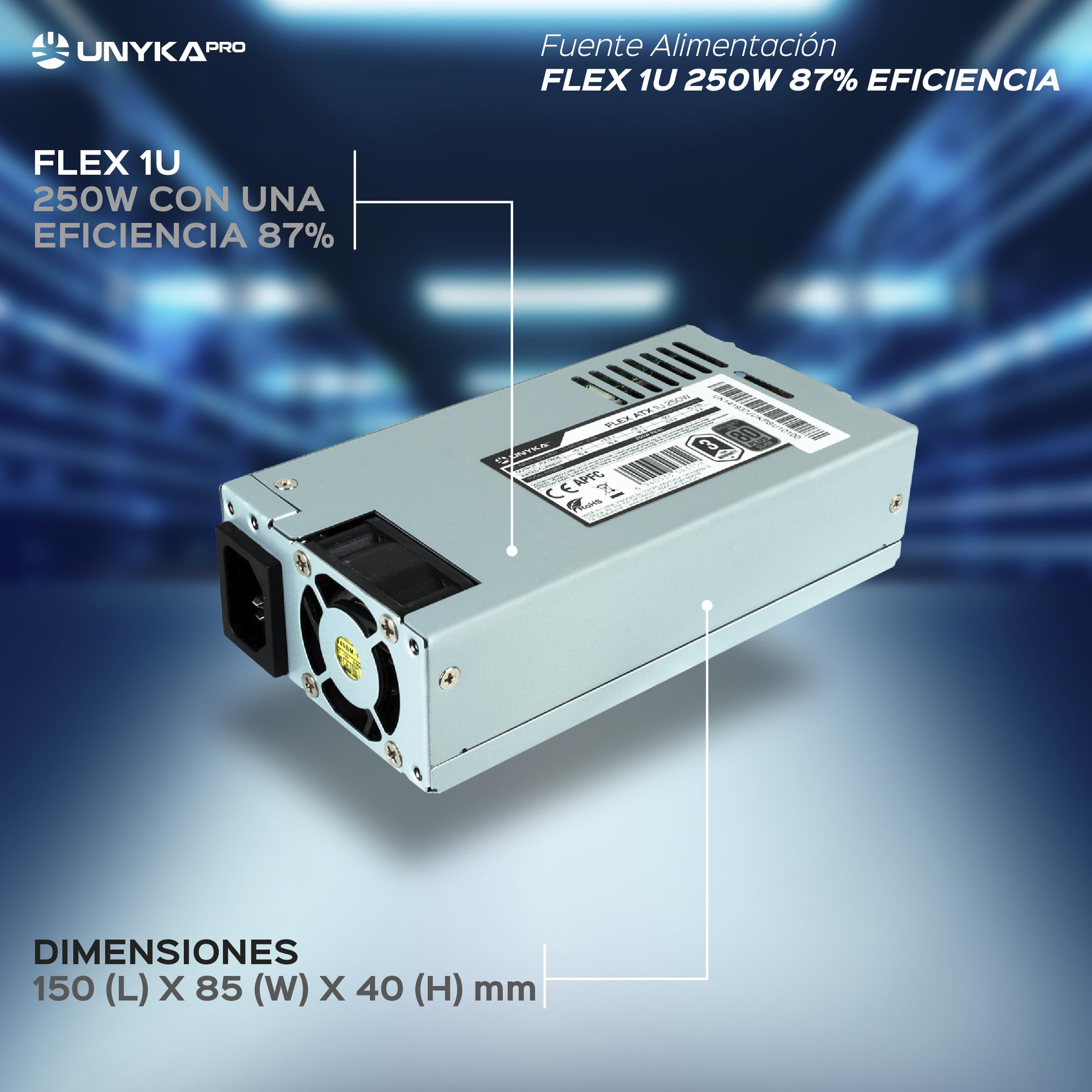 Fuente de Alimentación Flex ATX 1U 250W 87% Eficiencia, con Ventilador 40 mm y Sistema de Seguridad Frente a Sobretensión, Baja Tensión, Sobreintensidad y Cortocircuitos