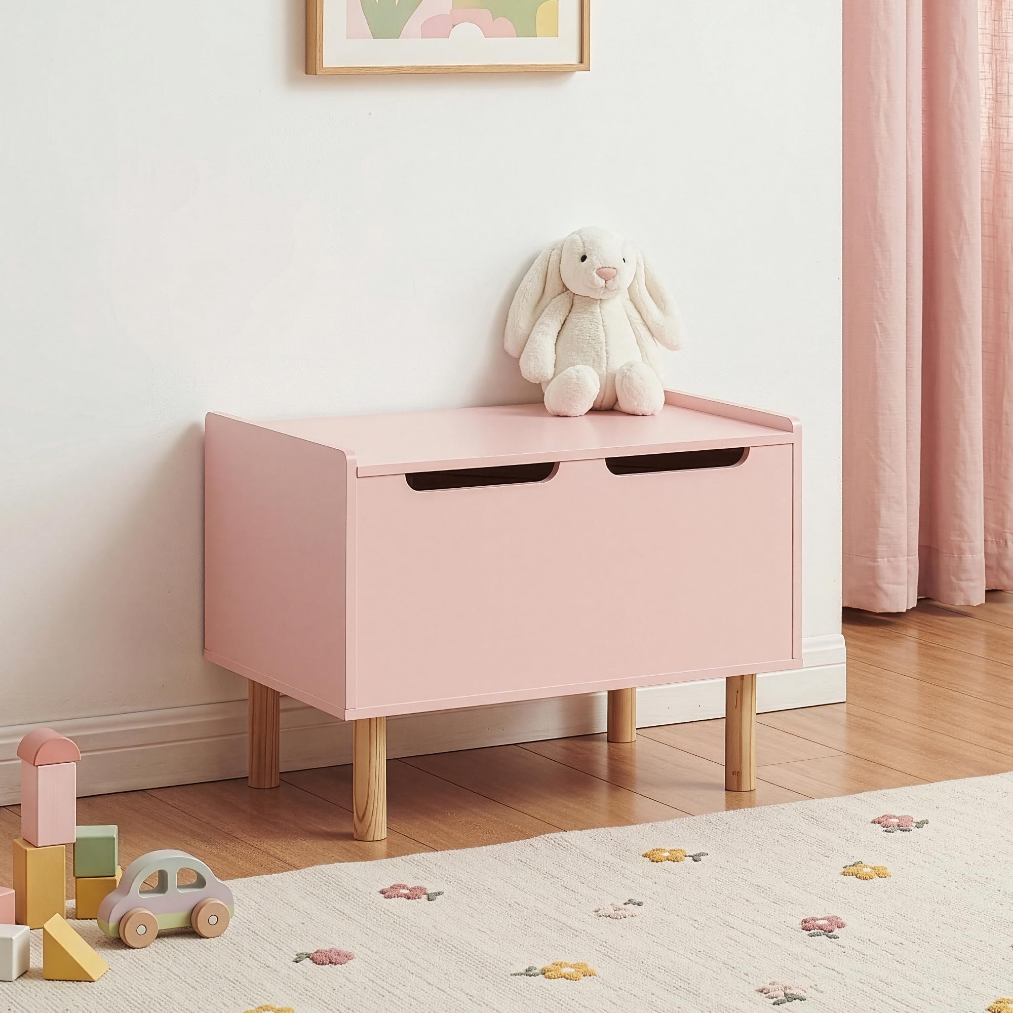 [en.casa] Spielzeugkiste mit Deckel Virer Kuscheltier Aufbewahrung Kinderzimmer Truhe Spielzeugbox 60 x 40 x 45 cm Aufbewahrungsbox Holzbeine Rosa