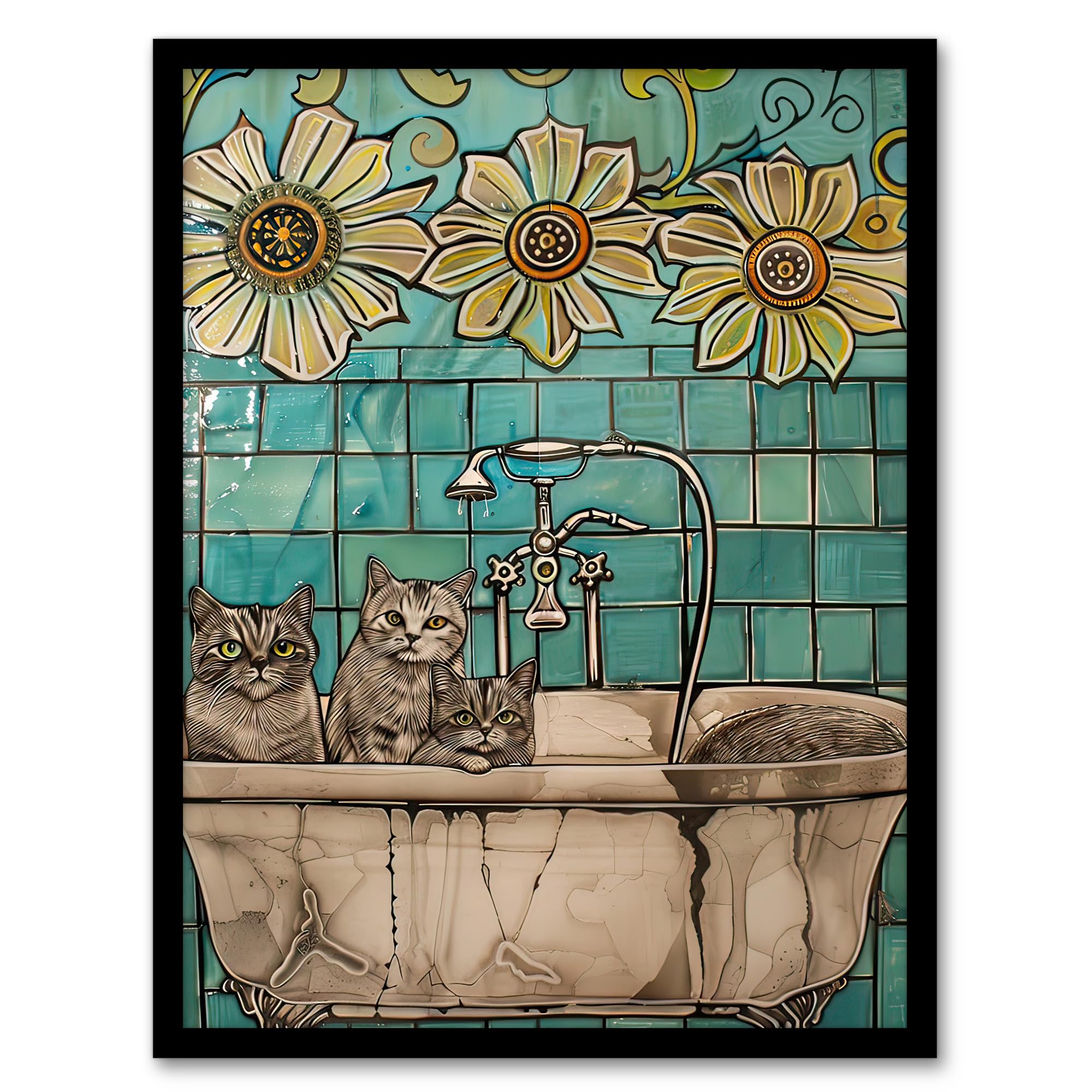 Artery8 Cats in Bathtub Cat Lover Bath Time Sunflower Bathroom Toilet Artwork Framed Wall Art Print A4