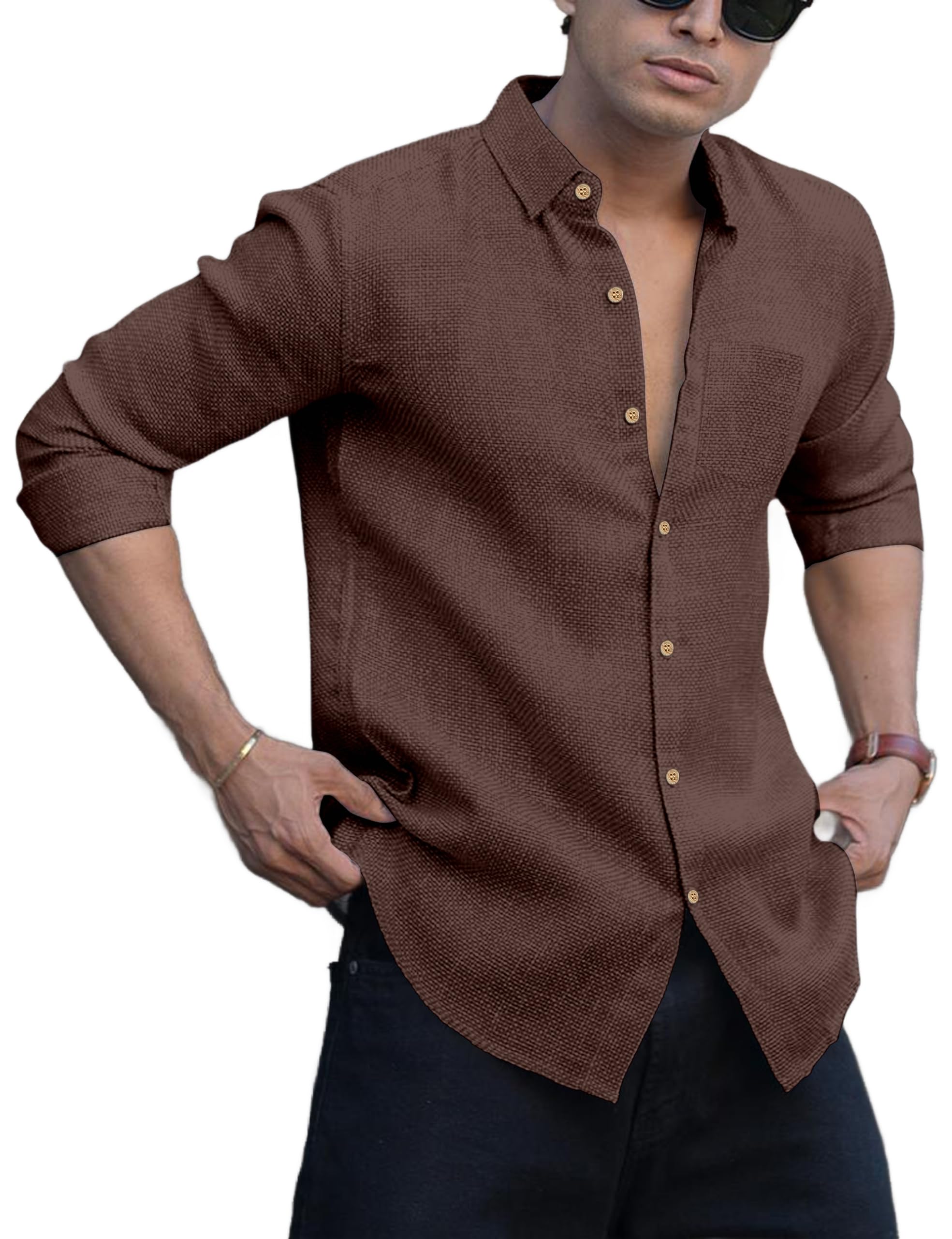 Men's Shirt Regular Fit Solid Pattern Linen Cotton with Long Sleeve Collared Neck Standard Length and Button Down Closure Type | Mens Casual Shirts | Man's Formal Shirts-image-47