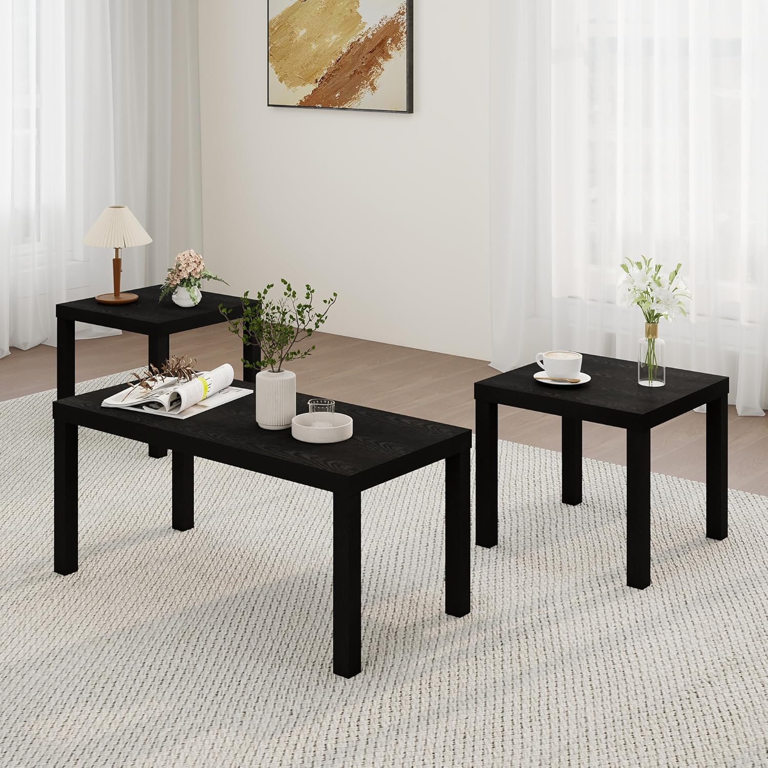 Modern 3 Piece Coffee Table Set, Rectangle Coffee Table with 2 Wood End Tables Thick Frame Living Room Table Sets for Small Spaces