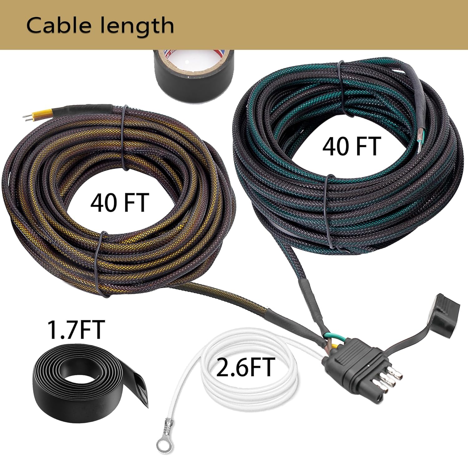 Upgraded 4 Pin 5 Wire Trailer Wiring Harness 40FT for Rewiring Trailer Both-Side Taillights, Pure Copper Wishbond Trailer Light Kit 4 Way Flat 5 Wire Trailer Plug w/Nylon Net Tube Protection