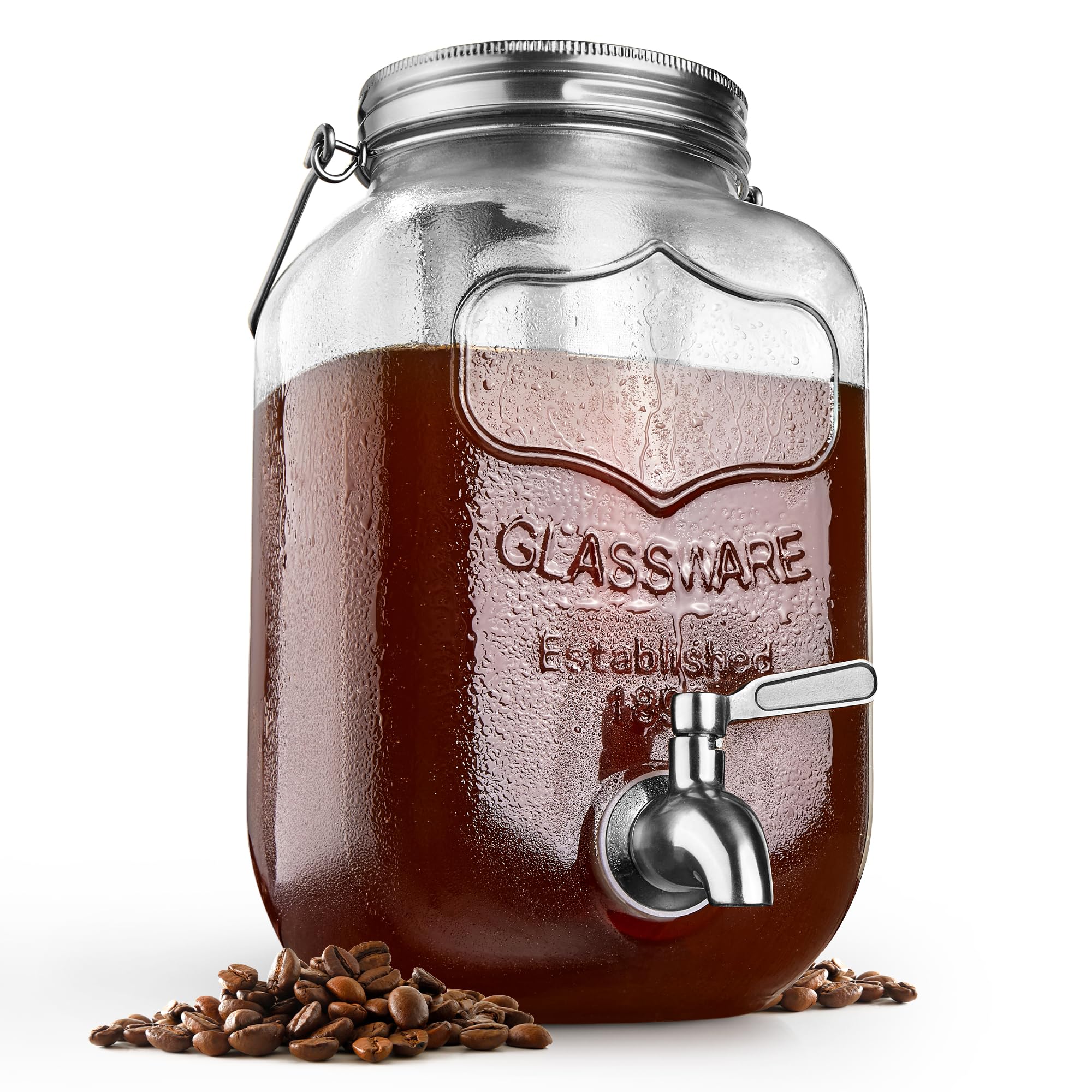 Cold Brew Mason Jar (128 oz) Iced Coffee Cold Brew Pitcher Home, 1 Gallon Cold Brew Coffee Maker for Brewing Ice Coffee and Tea, Cold Brew Glass Pitcher with Filter, Large Cold Brew Maker (Silver)