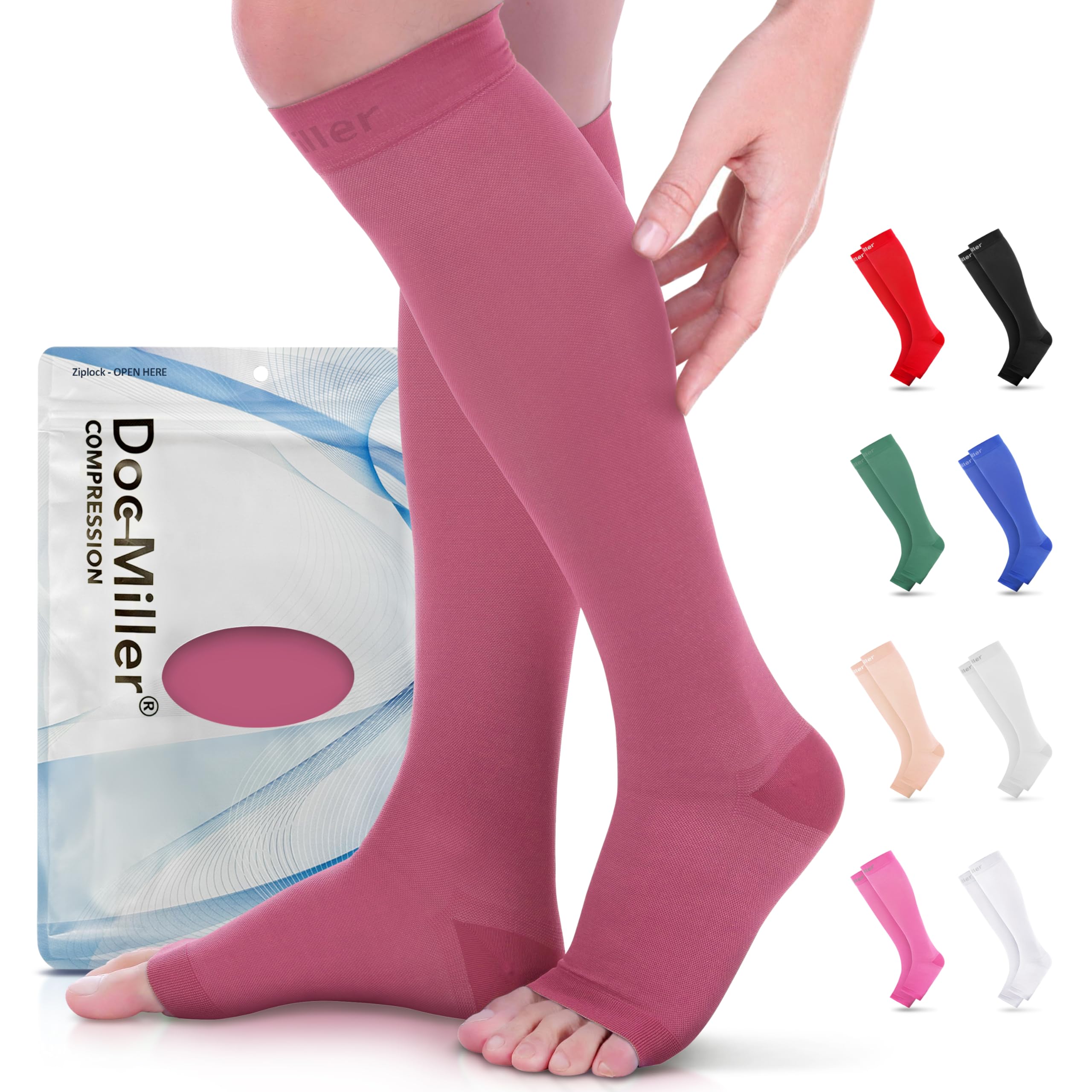 Doc Miller Open Toe Compression Socks for Women & Men 15–20 mmHg, Knee High Calf Support Sleeves, Graduated Stockings for Swelling Recovery,