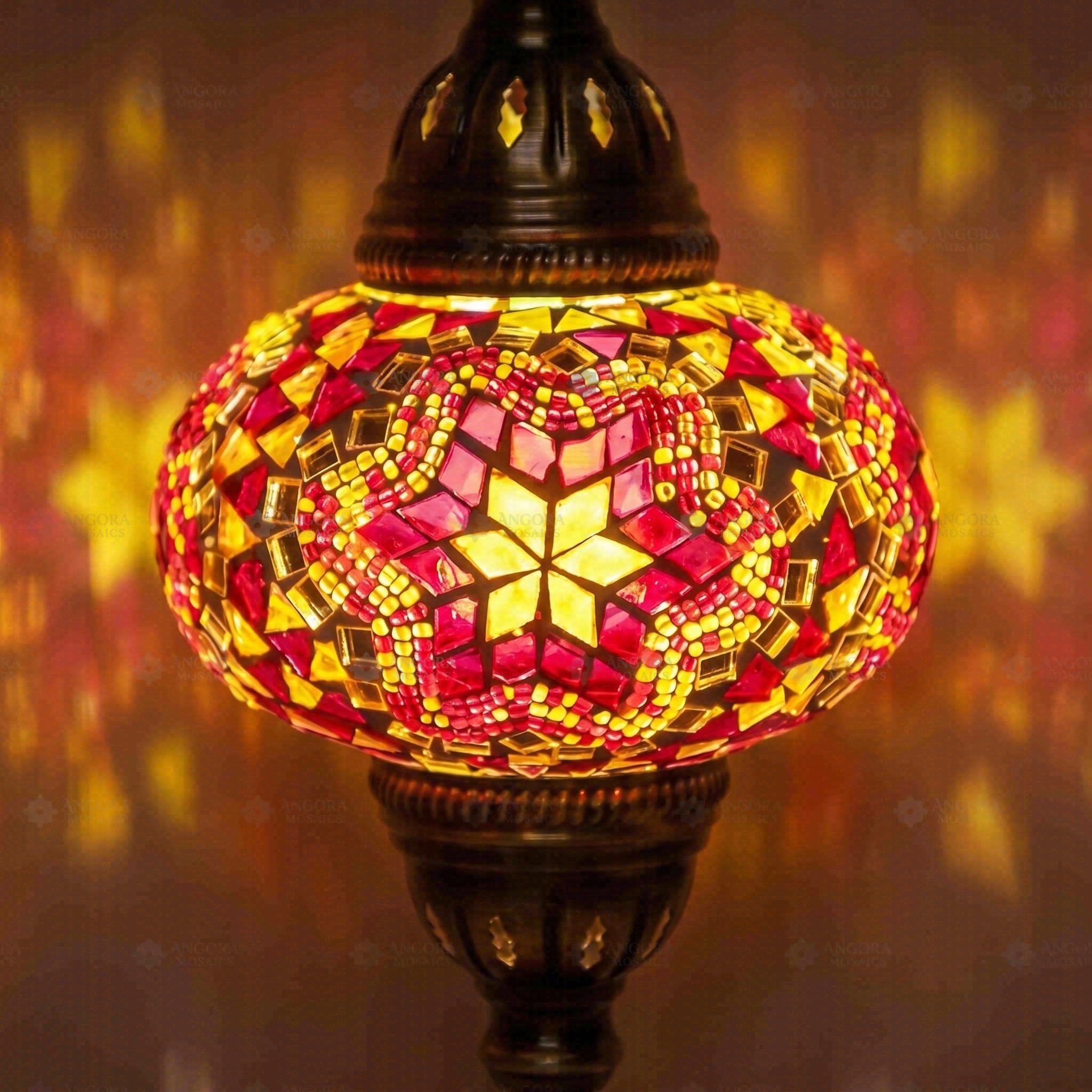 ENVA Czerwona lampa stołowa z mozaiką - turecka lampa mozaikowa - ręcznie robiona szklana lampka nocna - marokańska lampa biurkowa boho ze wzorem gwiazdy