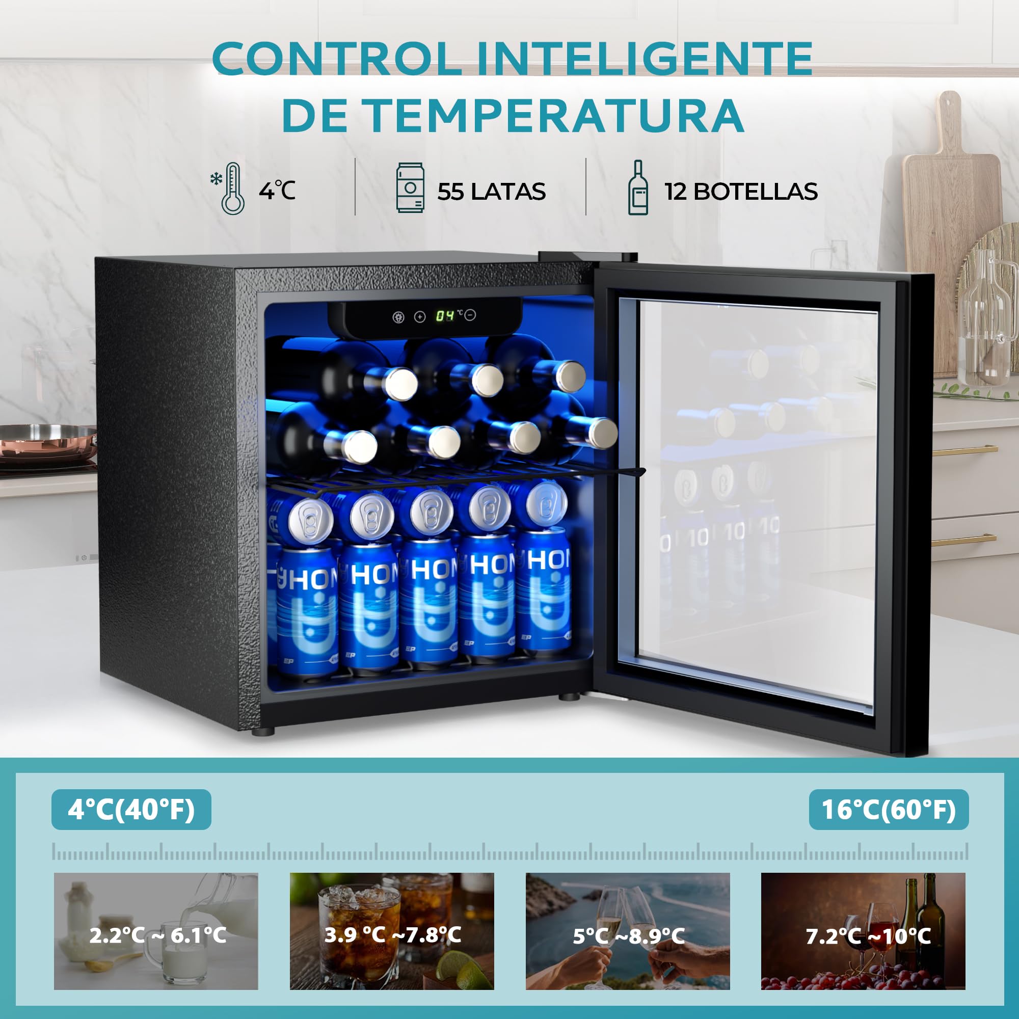 EUHOMY Frigorífico para Bebidas, Mini Frigorifico con Puerta de Cristal, Nevera Pequeña, Refrigerador de Sobremesa para 55 Latas, Mini Fridge para Oficina, 36 Litros, Mini Nevera de Bajo Ruido, Negro