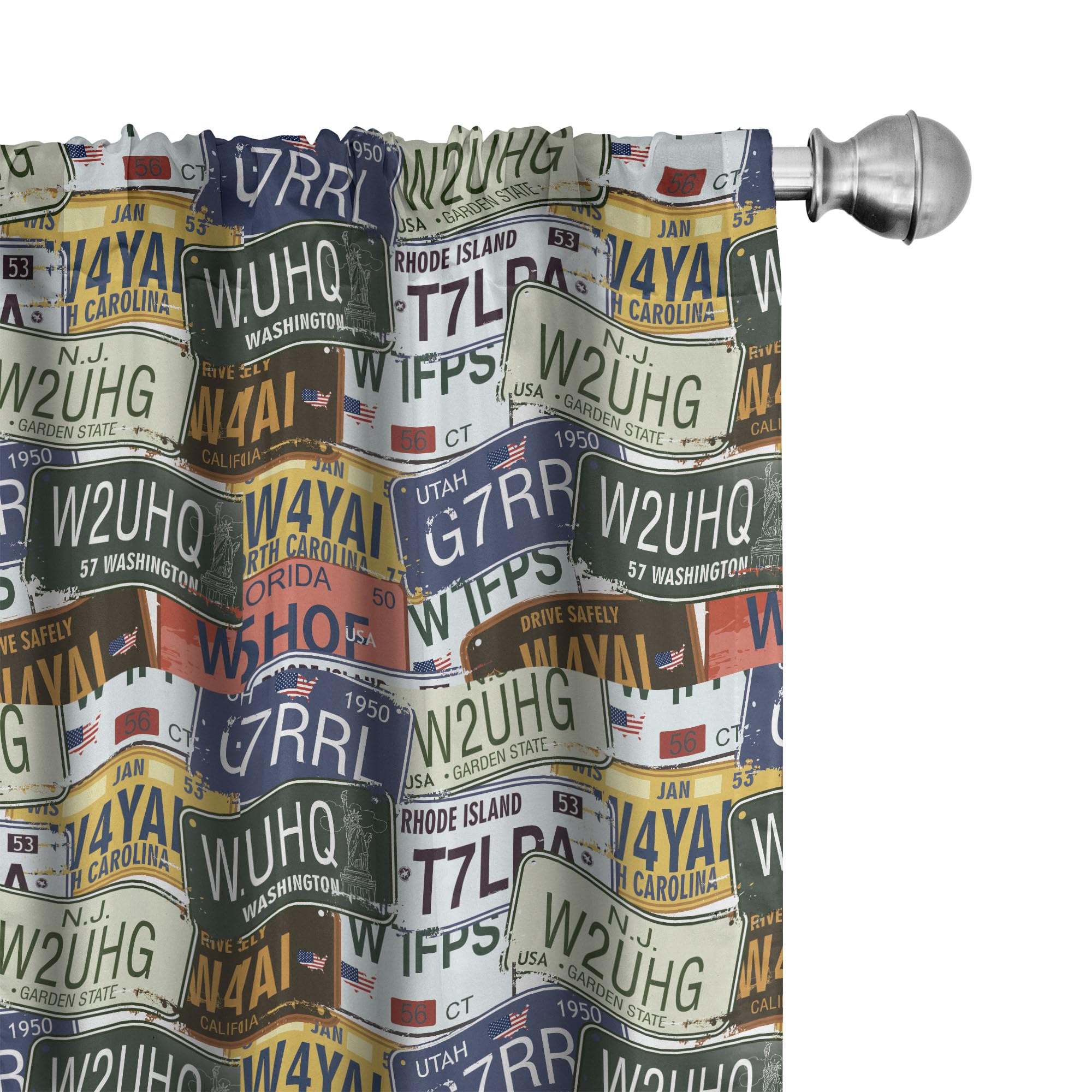 Vintage Window Curtains, Original Retro Style License Plates Personalized Creative Travel Vacation, Lightweight Decor 2-Panel Set with Rod Pocket, Pair of - 28" x 95", Green Blue