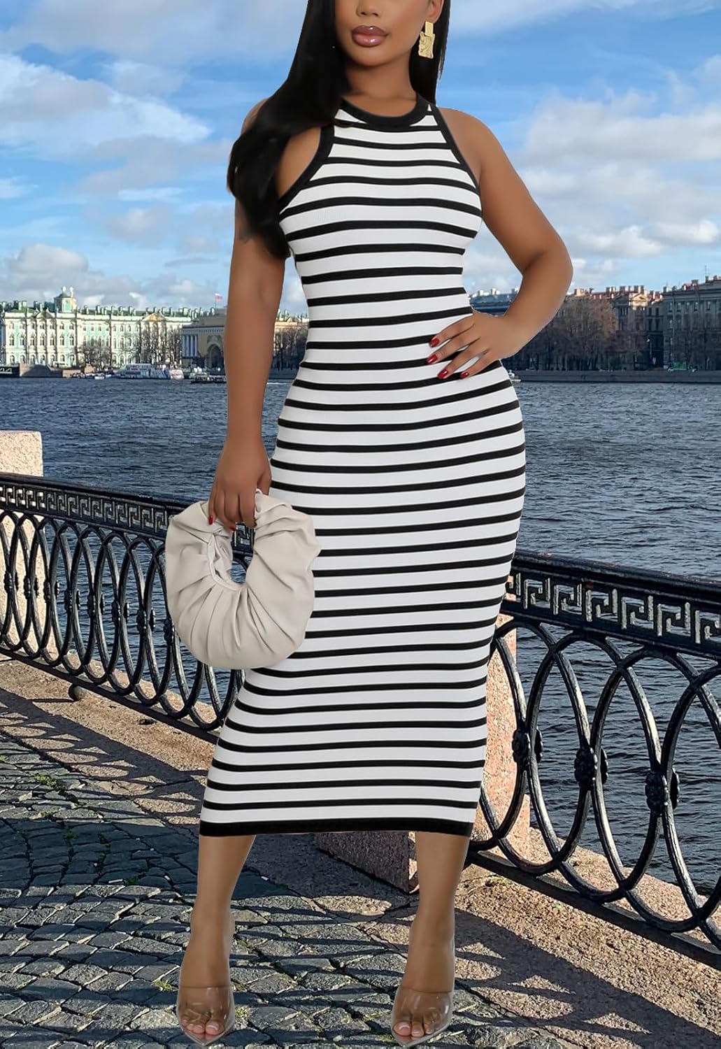 Sleeveless Striped Bodycon Tank Dress for Women Slim Fitted Summer Ribbed Pencil Midi Dresses - Image 7