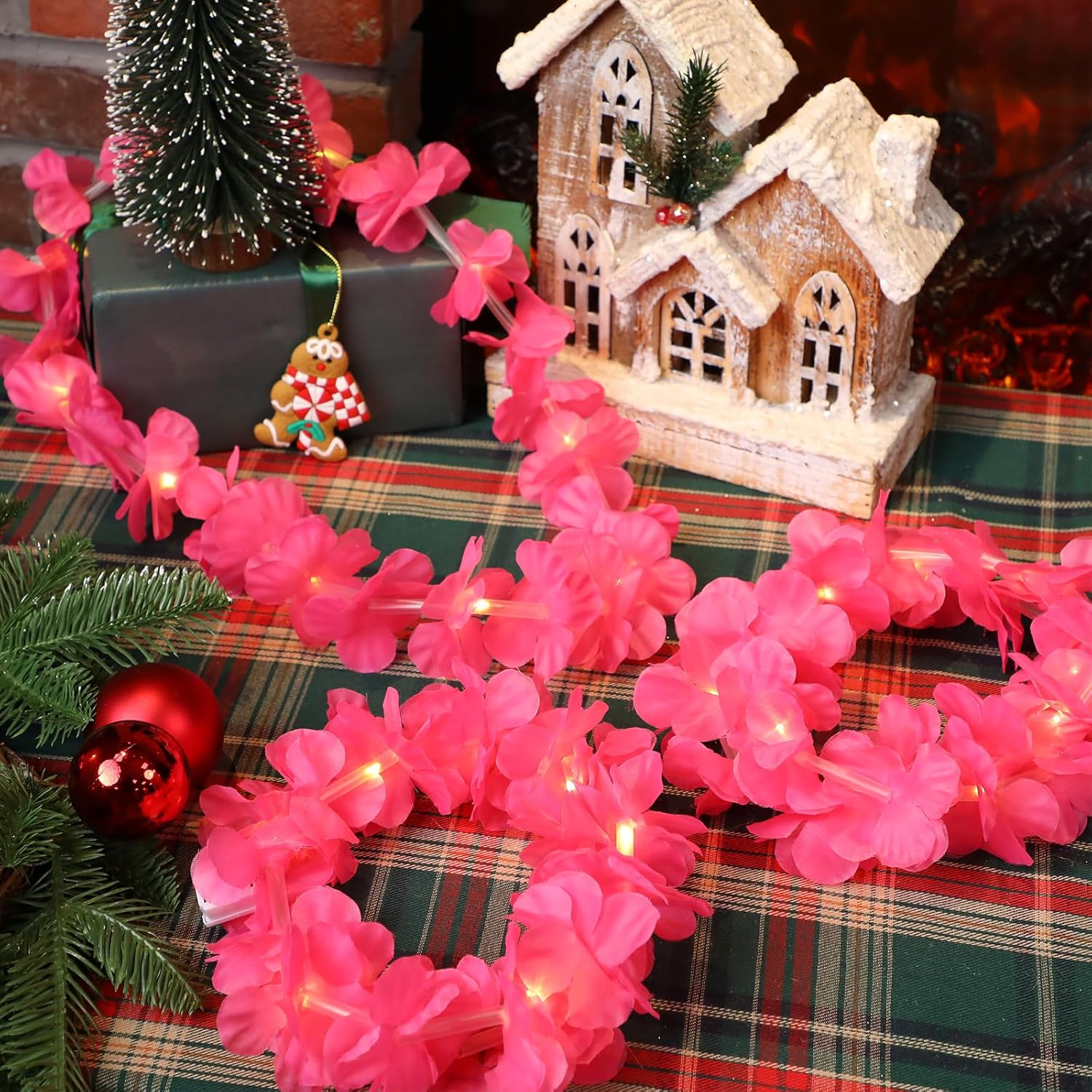 Sherr 24 Pcs LED Leis Light up Wedding Hawaiian Leis Flower Necklace with LED Lights Beach Tropical Carnival Party Wedding Supplies Luau for Masquerade(Hot Pink)