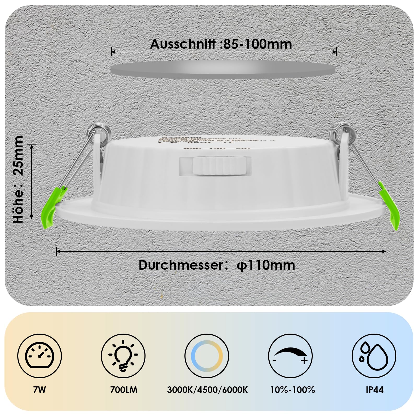 LED Einbaustrahler 230V Dimmbar, 7W 6er Set Einbauleuchten Deckenspots Deckenstrahler Lochöffnung Ø 85-100 mm, IP44 Ultra Flach LED Spots für Badezimmer Wohnzimmer