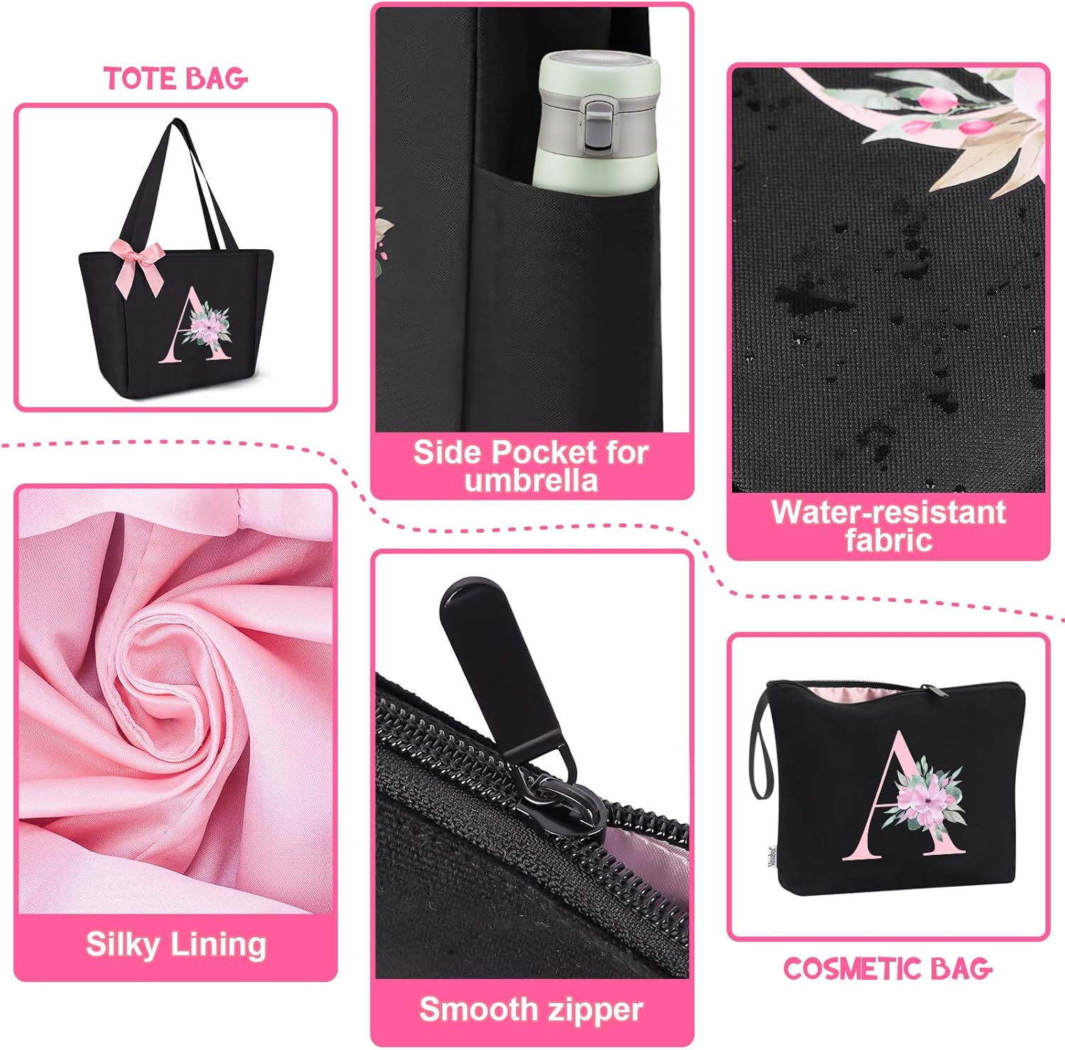 Vavabox Tote Bag, A-Z Initial Monogrammed Waterproof Tote Bag, Bridesmaid Gifts for Women, Black and Pink - Image 5