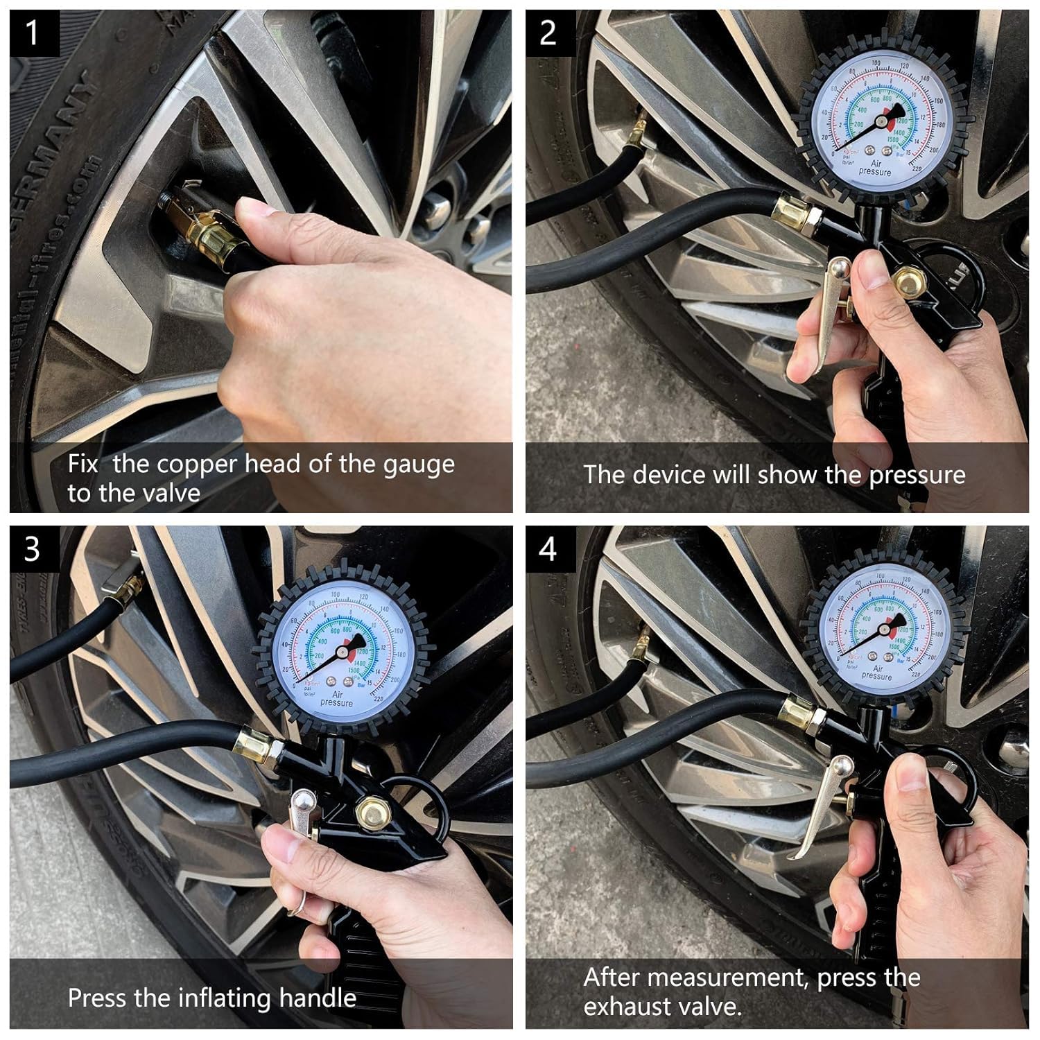BURNNOVE Manometro per Pneumatici 220 PSI Manometro Pressione Gomme con 4 Tappi Valvola 2 Ugelli 1 Valvola Francese 1 Stelo di Prolunga in Metallo 90 Gradi per Auto Moto Biciclette
