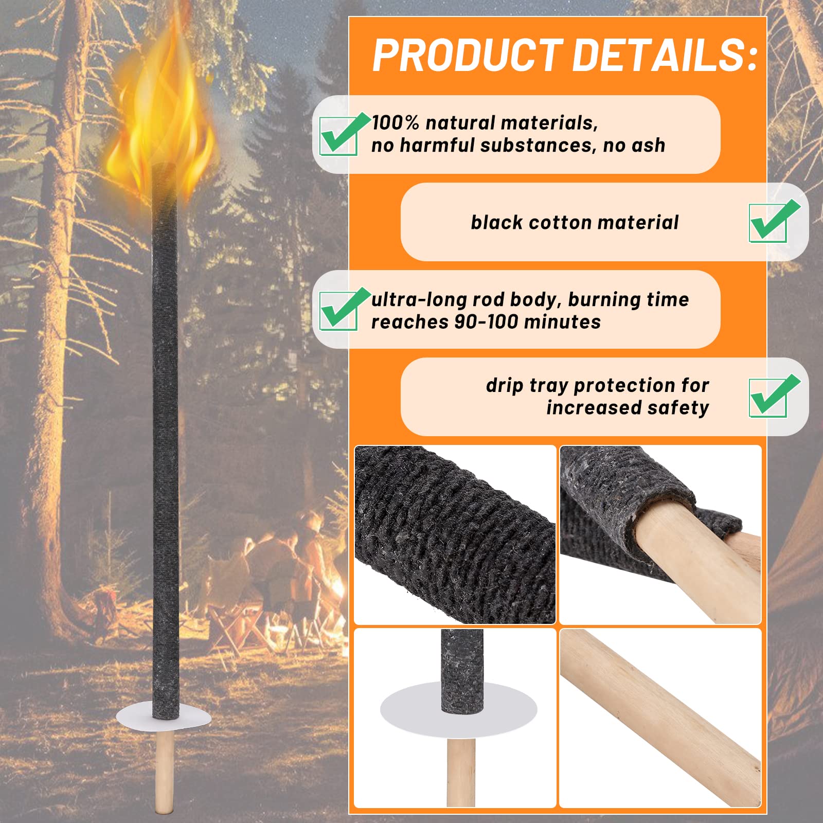 Lot De 30 Torches En Cire Naturelle - Brûlure 90-100 Min, Longue Poignée 72 Cm - Idéal Randonnée, Fêtes Et Décoration Extérieure