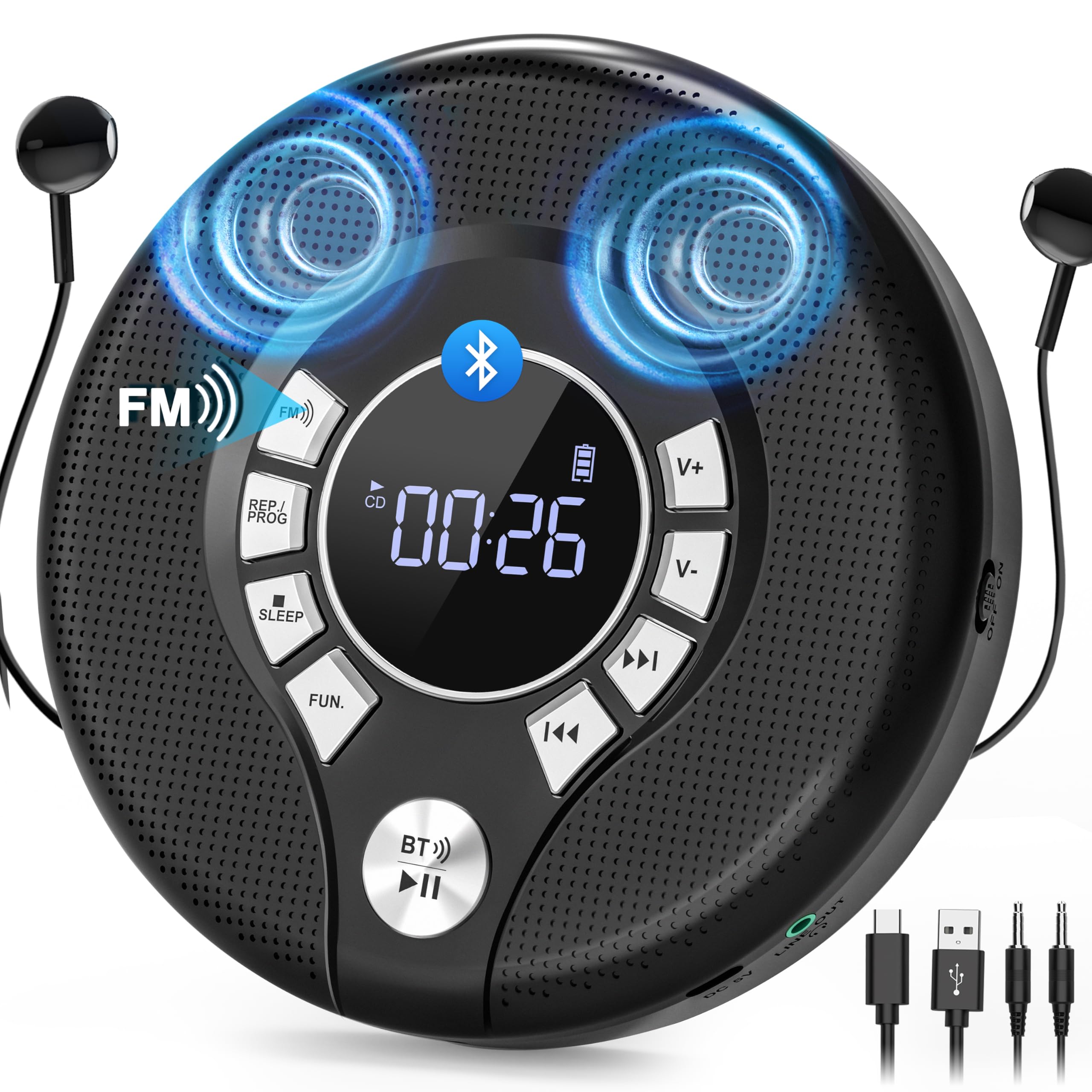 Portable CD Player with 2000mAh Rechargeable Battery, Personal CD Player for Car with AUX,CD Discman Player with Headphone,USB Port,Dual Speaker,FM Transmitter,Anti-Skip Protection,Backlight