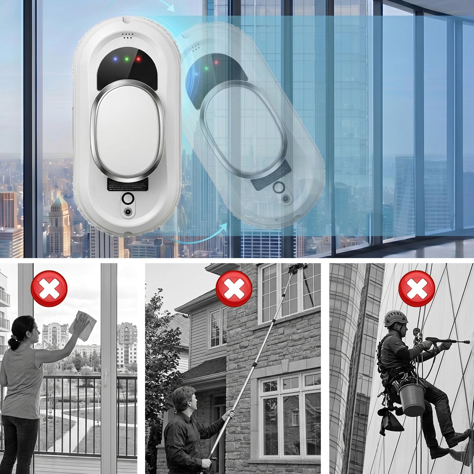 Robot Limpiacristales 5600Pa, Limpiador de Ventanas con 3 Modos Automático | Control Remoto, Sistema de Seguridad, para Vidrio, Azulejos y Superficies Lisas 65dB Silencioso