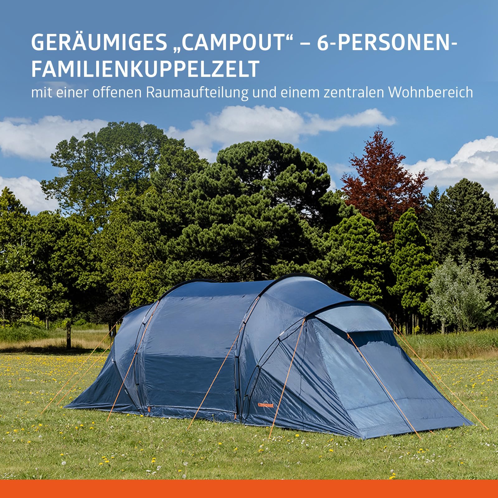 Campout 6-Personen Vis-à-Vis Kuppelzelt – 2 Schlafkabinen – 5000 mm Wassersäule – Wohnbereich – Aufbauzeit 15 Min – inkl. Vordachstangen, Heringen & Tragetasche