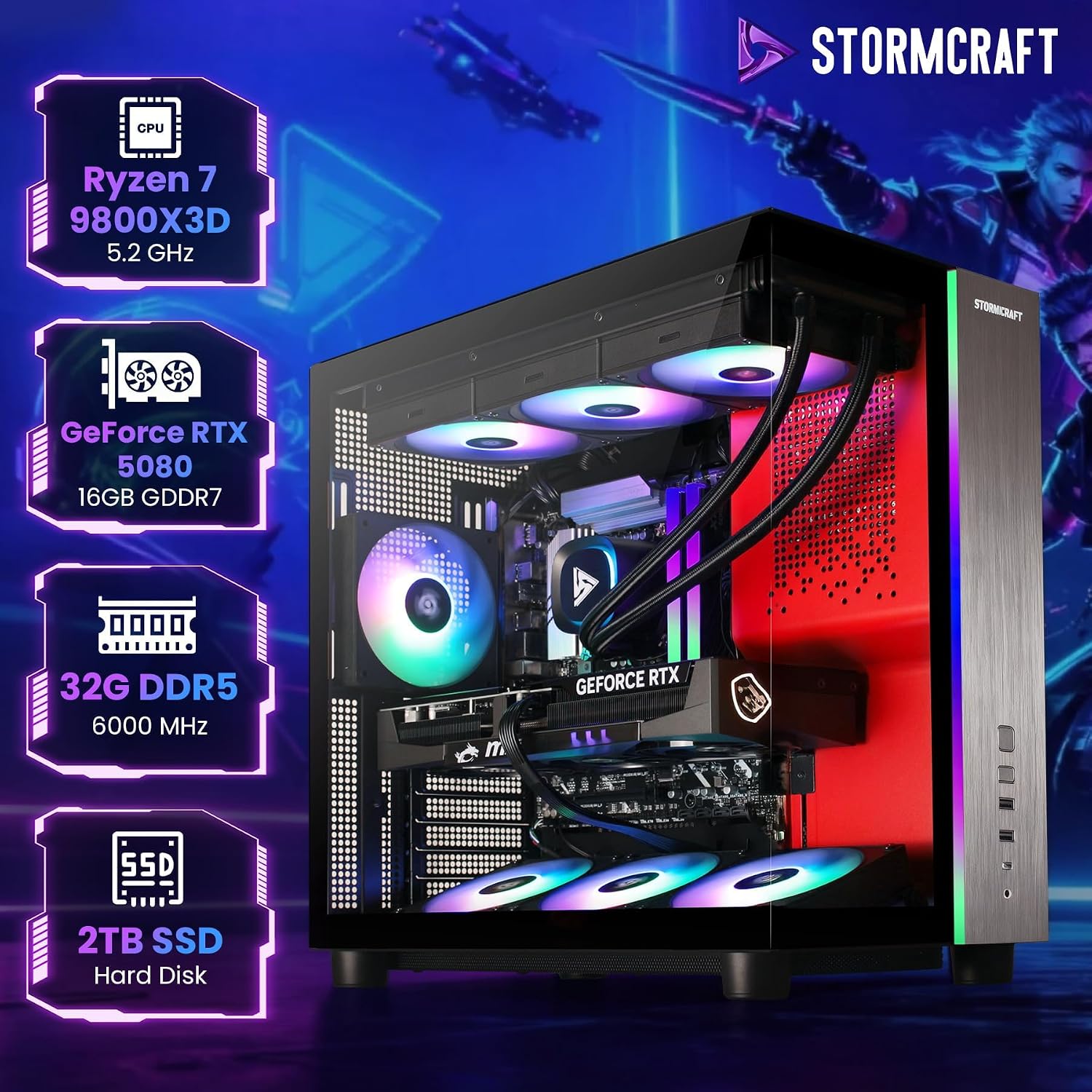 STORMCRAFT Phantom Prebuilt RTX 5080 Gaming Desktop, AMD Ryzen 7 9800X3D, 32GB DDR5 6000MHz, 2TB NVMe SSD, B850 Chipset 850w PSU 360mm AIO, Tower Computer for Content Creation, Streaming, Multitasking