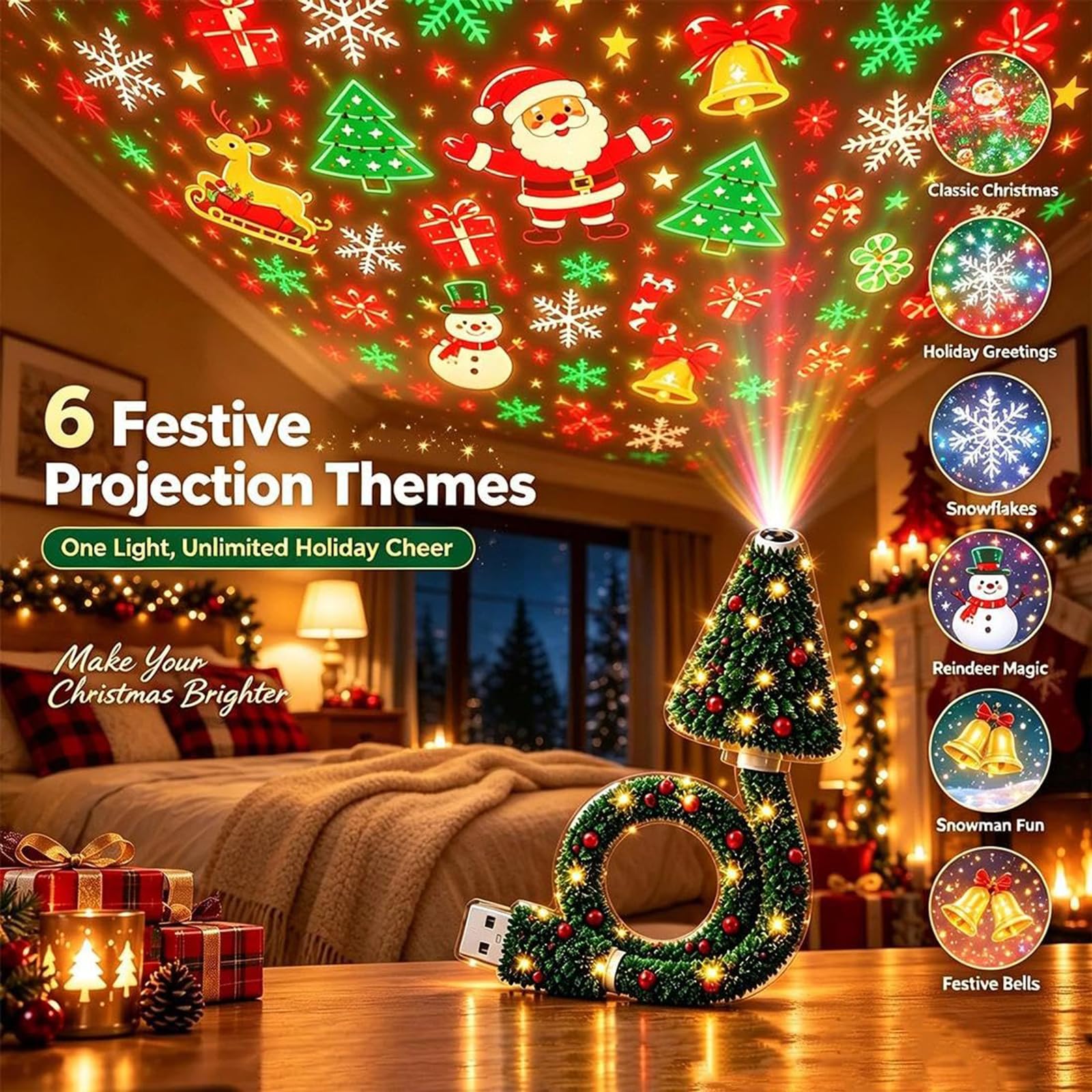Proiettore luminoso natalizio, luce notturna a forma di albero di Natale con proiezione a soffitto e oltre 6 motivi festivi; ideale per camera da letto, soffitto, scrivania e decorazioni (2pcs)