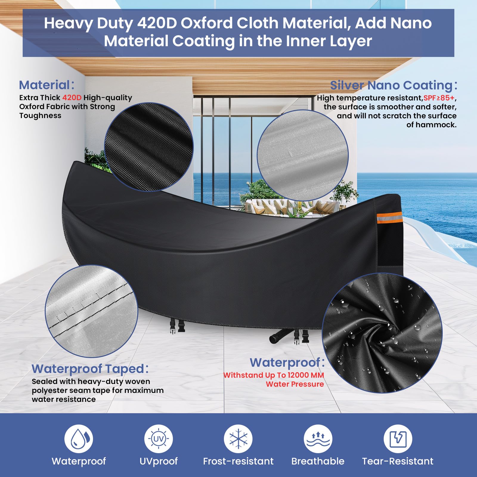 Hangmathoes waterdicht, zwaar belastbare 420D hangmathoezen voor buiten, ademende hangmat stofbeschermer met ventilatieopening, waterdichte strip, 3 winddichte gespen, universele hoes past voor 3,4