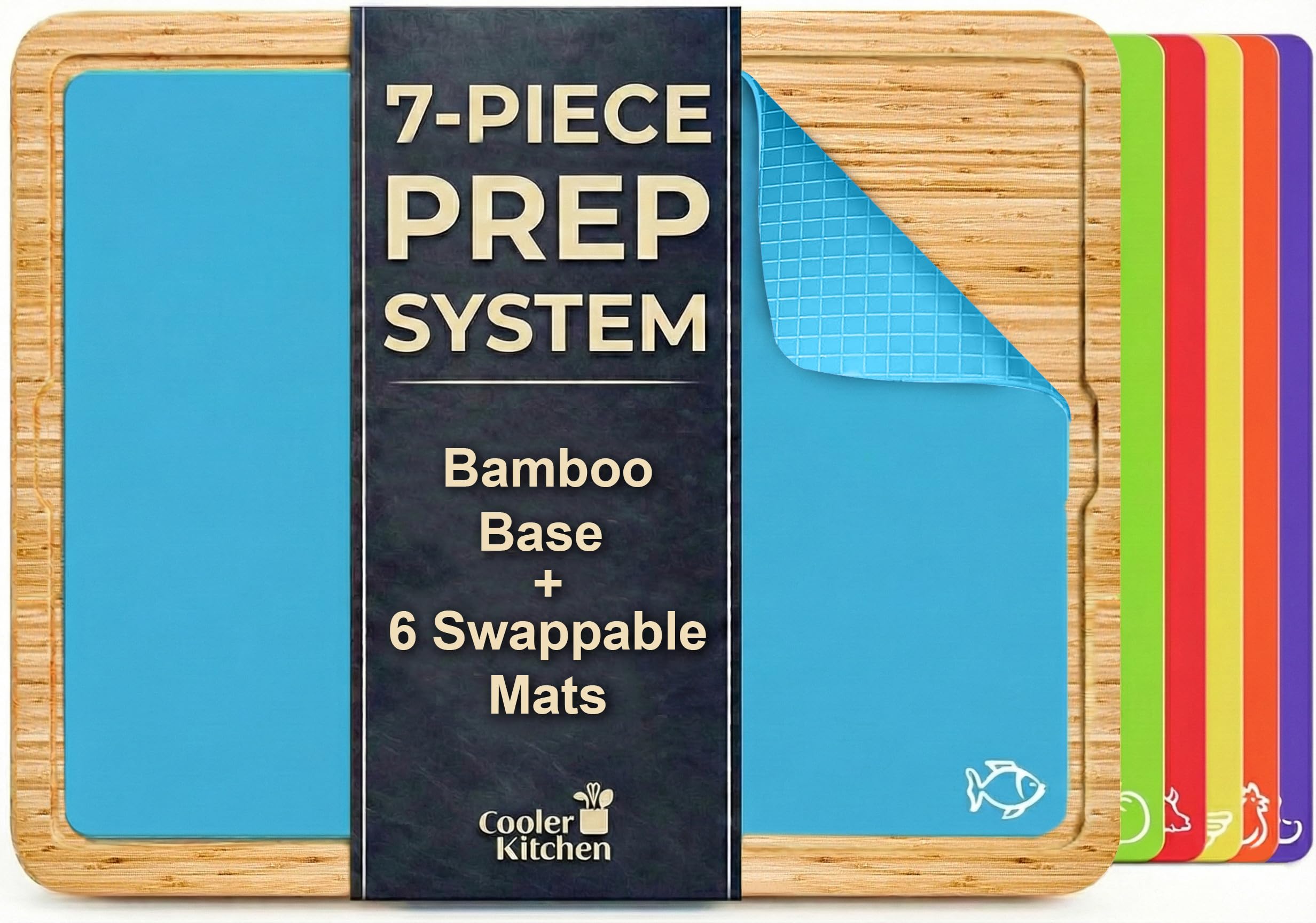 Wooden Cutting Boards for Kitchen with 6 Flexible Plastic Mats - Meal Prep and Serving, Easy Clean Bamboo Cutting Board and Dishwasher Safe Plastic - Large Wood Cutting Board Set